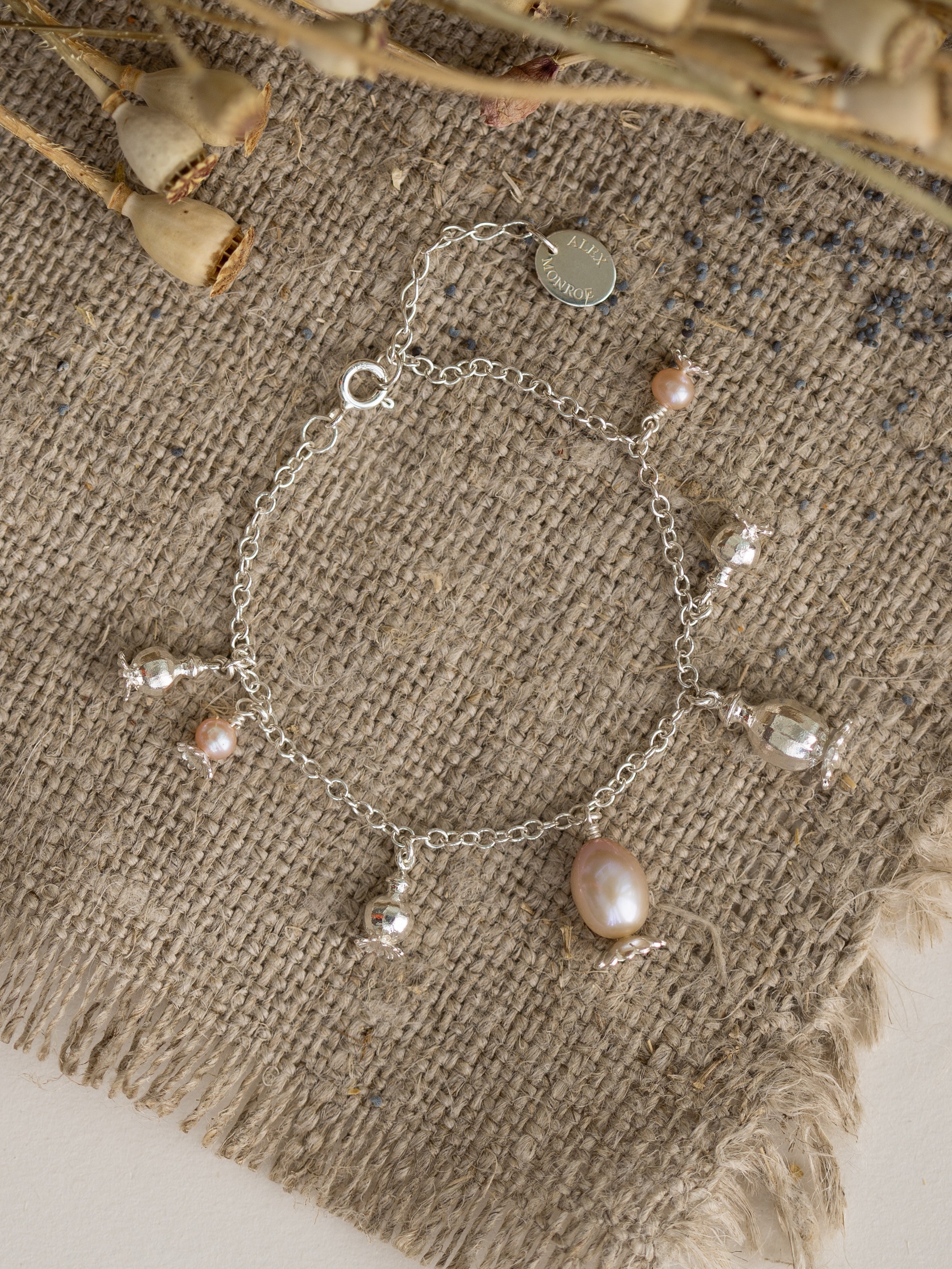 Scattered Poppy Head Charm Bracelet with Pink Pearls - image 6 | silver
