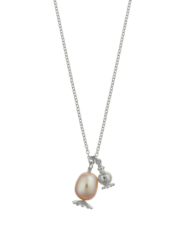 Double Poppy Seed Head Charm Necklace with Pink Pearl