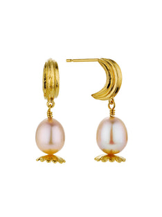 Kissing Seed Huggie Hoop Earrings with Pink Pearl Poppy Head Drop