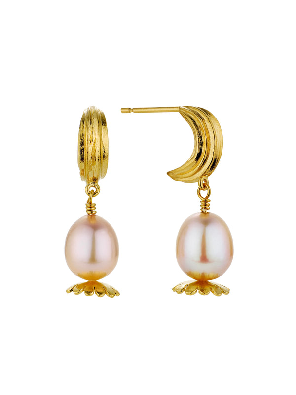 Kissing Seed Huggie Hoop Earrings with Pink Pearl Poppy Head Drop