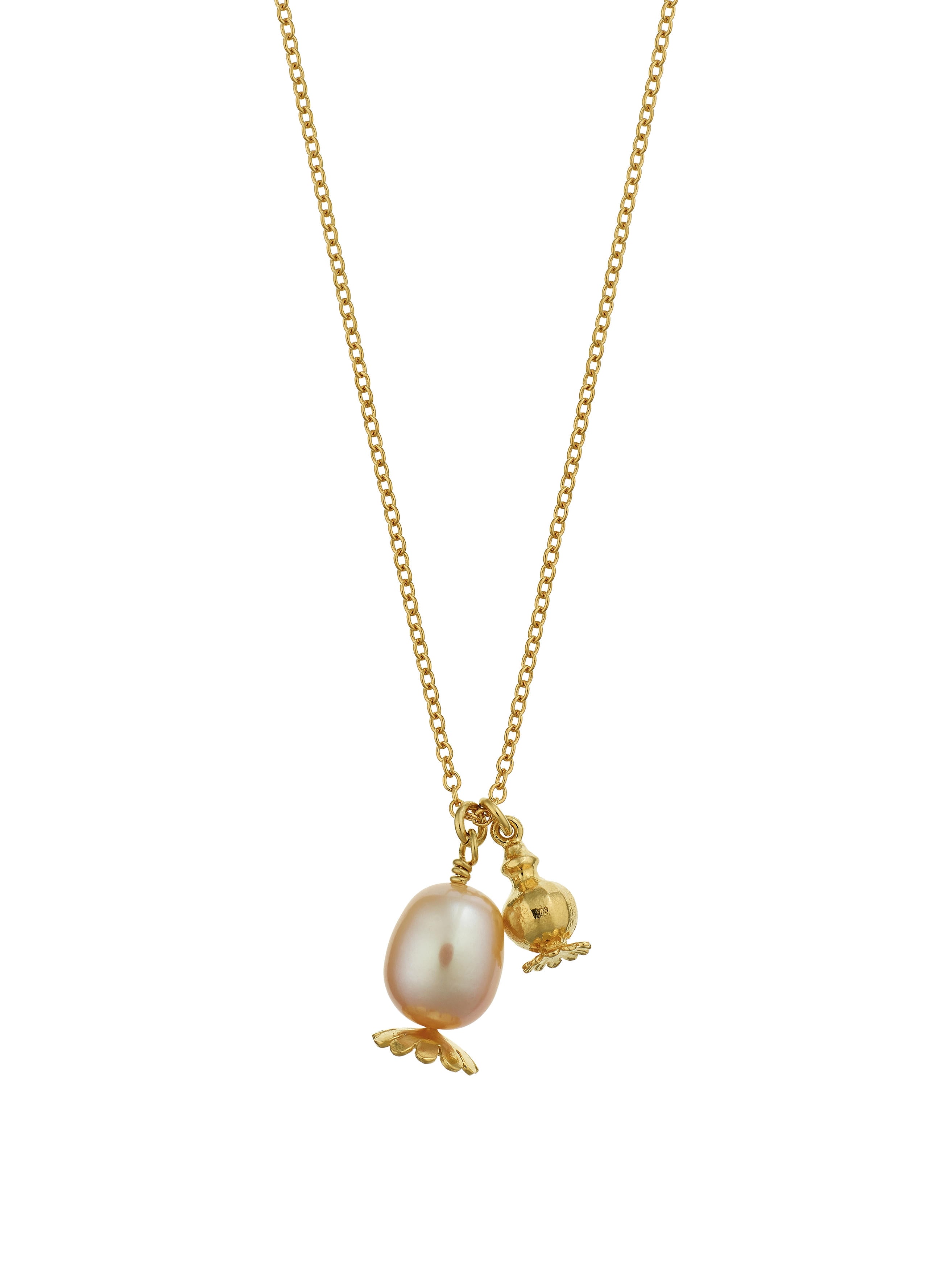 Double Poppy Seed Head Charm Necklace with Pink Pearl - image 1 | gold plate