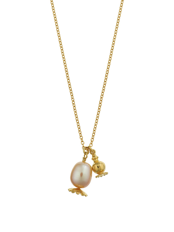 Double Poppy Seed Head Charm Necklace with Pink Pearl