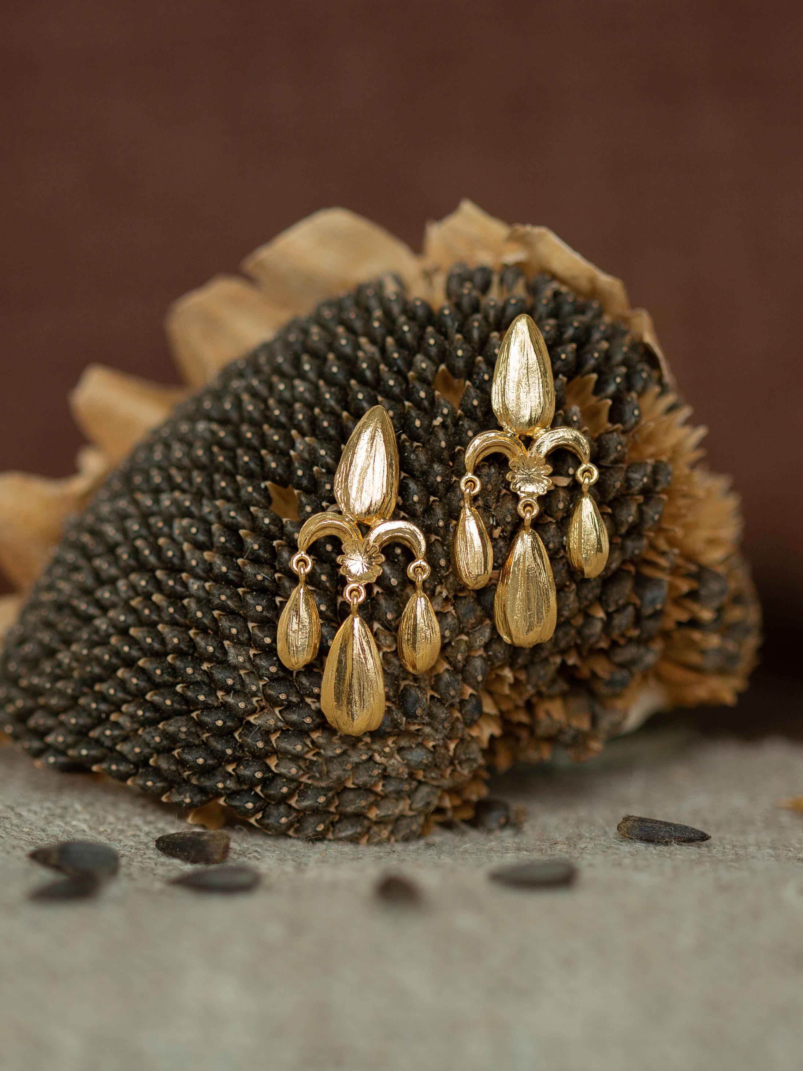 Sunflower Seed Fleur de Lis Chandelier Earrings - image 4 | gold plate