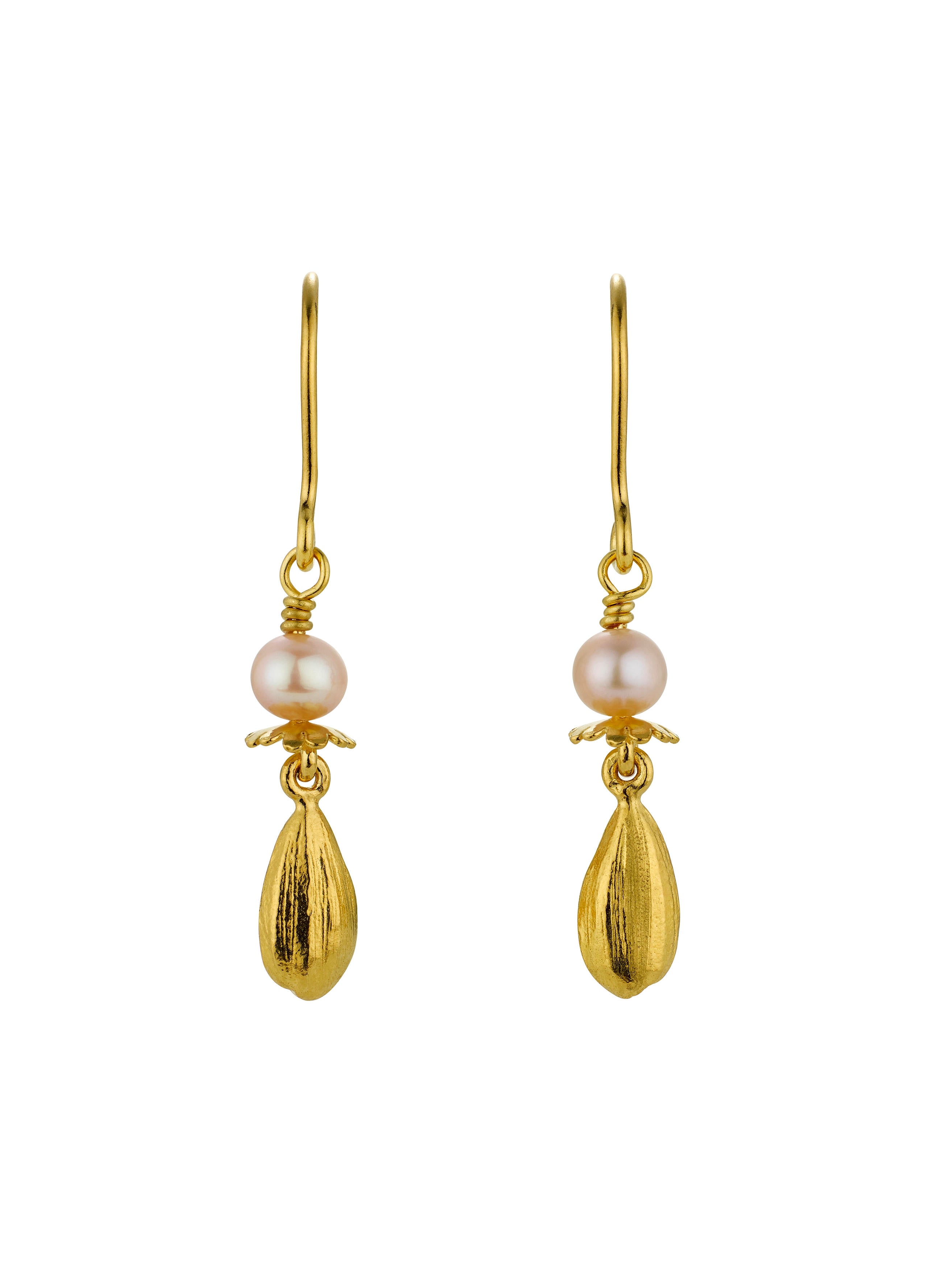 Pink Pearl Hook Earrings with Poppy & Sunflower Seed Drops - image 5 | gold plate