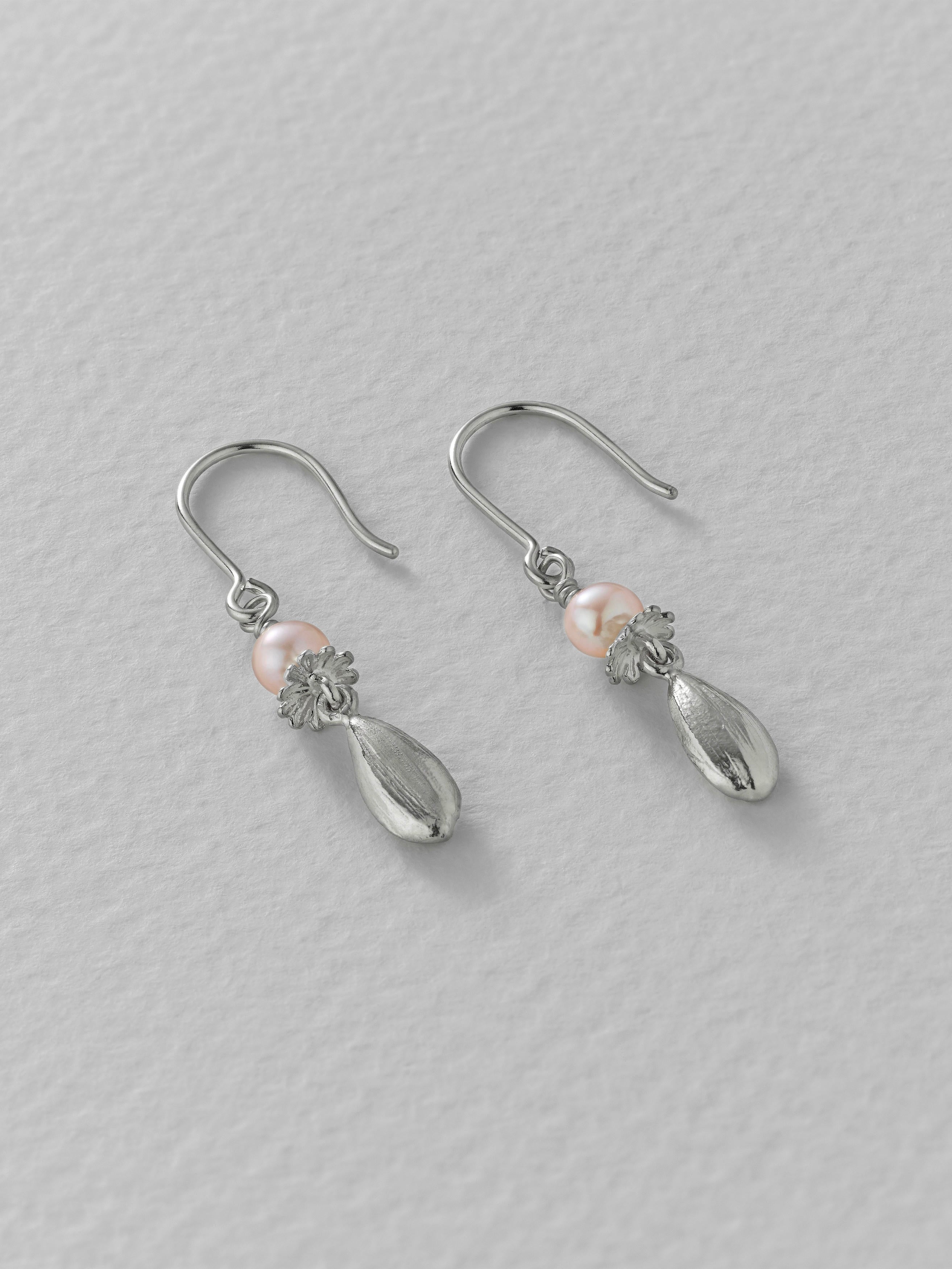 Pink Pearl Hook Earrings with Poppy & Sunflower Seed Drops - image 8 | silver
