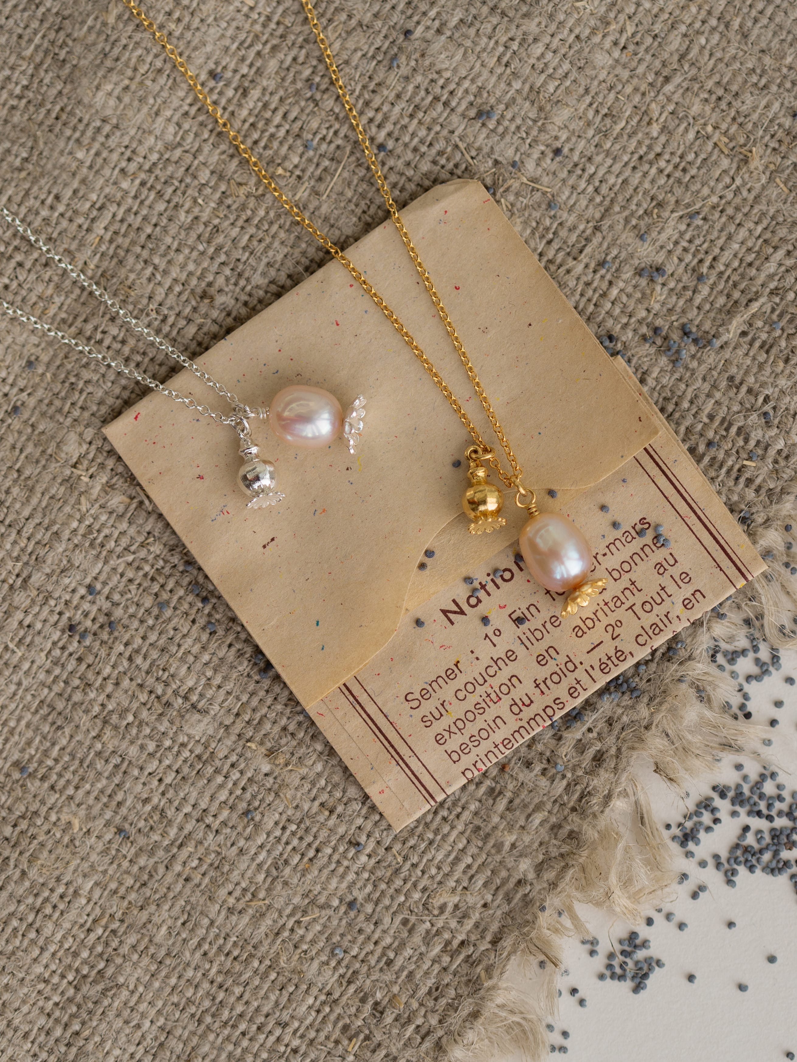 Double Poppy Seed Head Charm Necklace with Pink Pearl - image 5