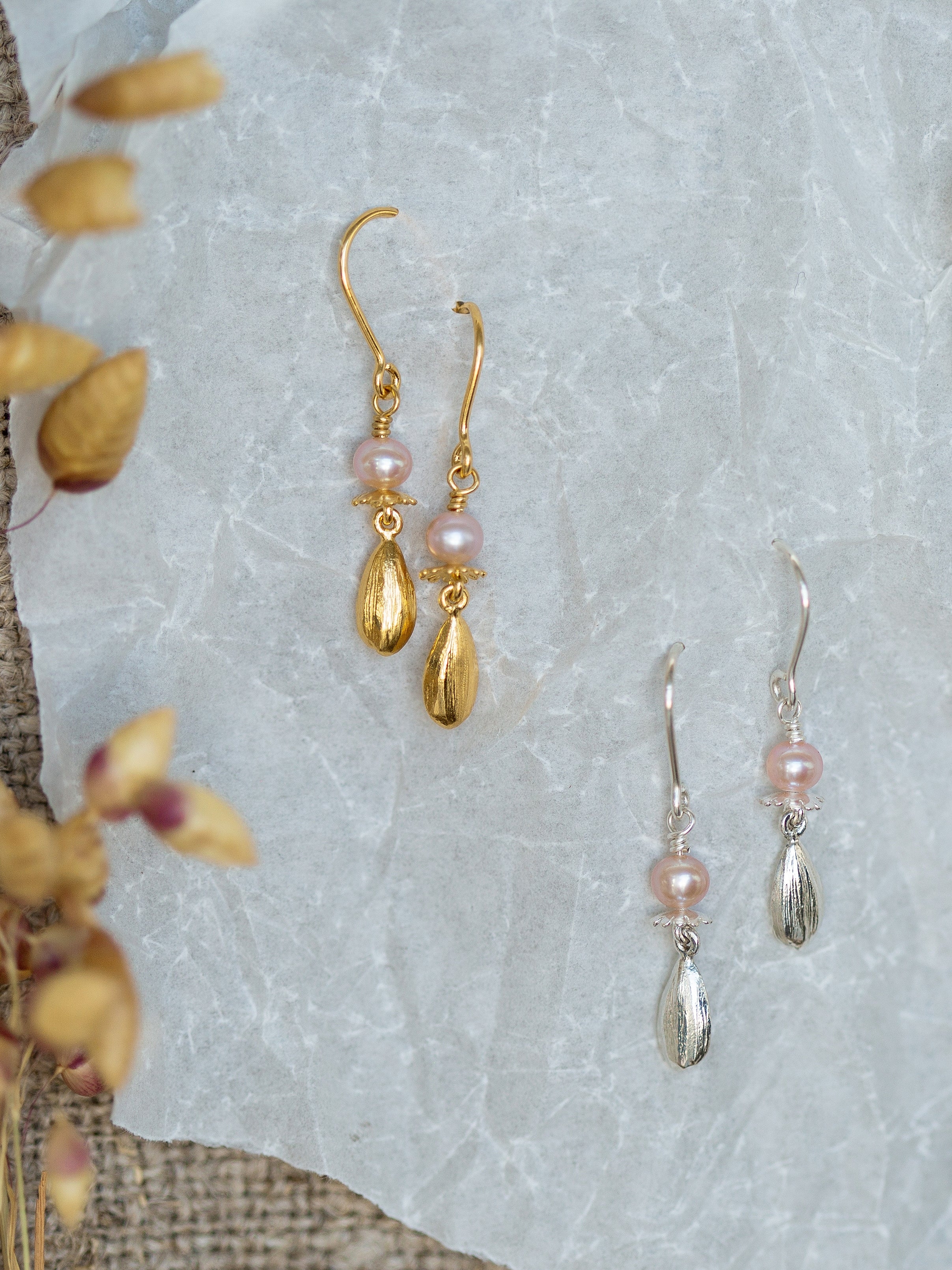 Pink Pearl Hook Earrings with Poppy & Sunflower Seed Drops - image 3