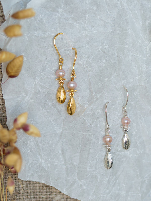 Pink Pearl Hook Earrings with Poppy & Sunflower Seed Drops