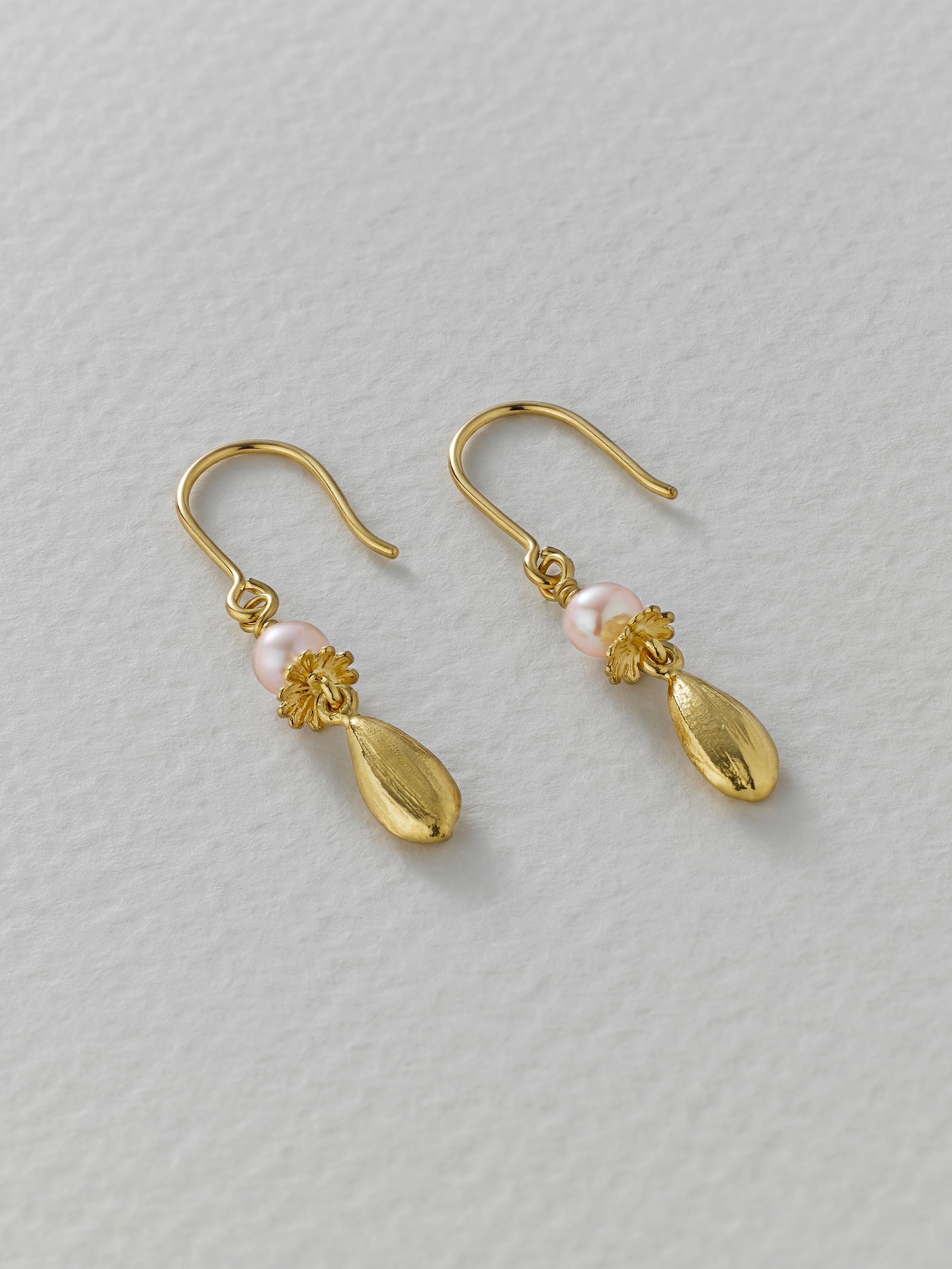Pink Pearl Hook Earrings with Poppy & Sunflower Seed Drops - image 4 | gold plate