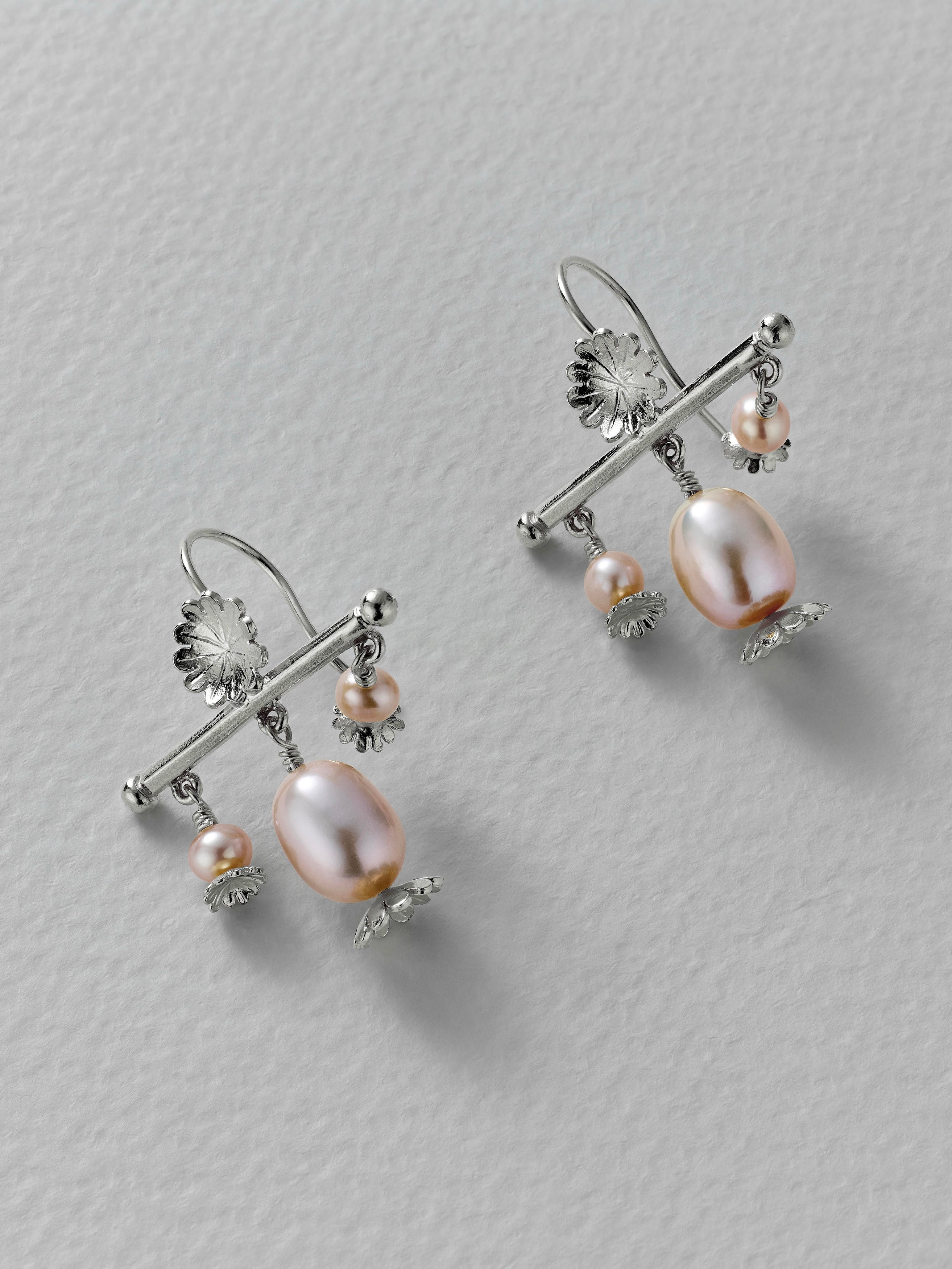 Poppy Head Chandelier Drop Earrings with Pink Pearls - image 10 | silver