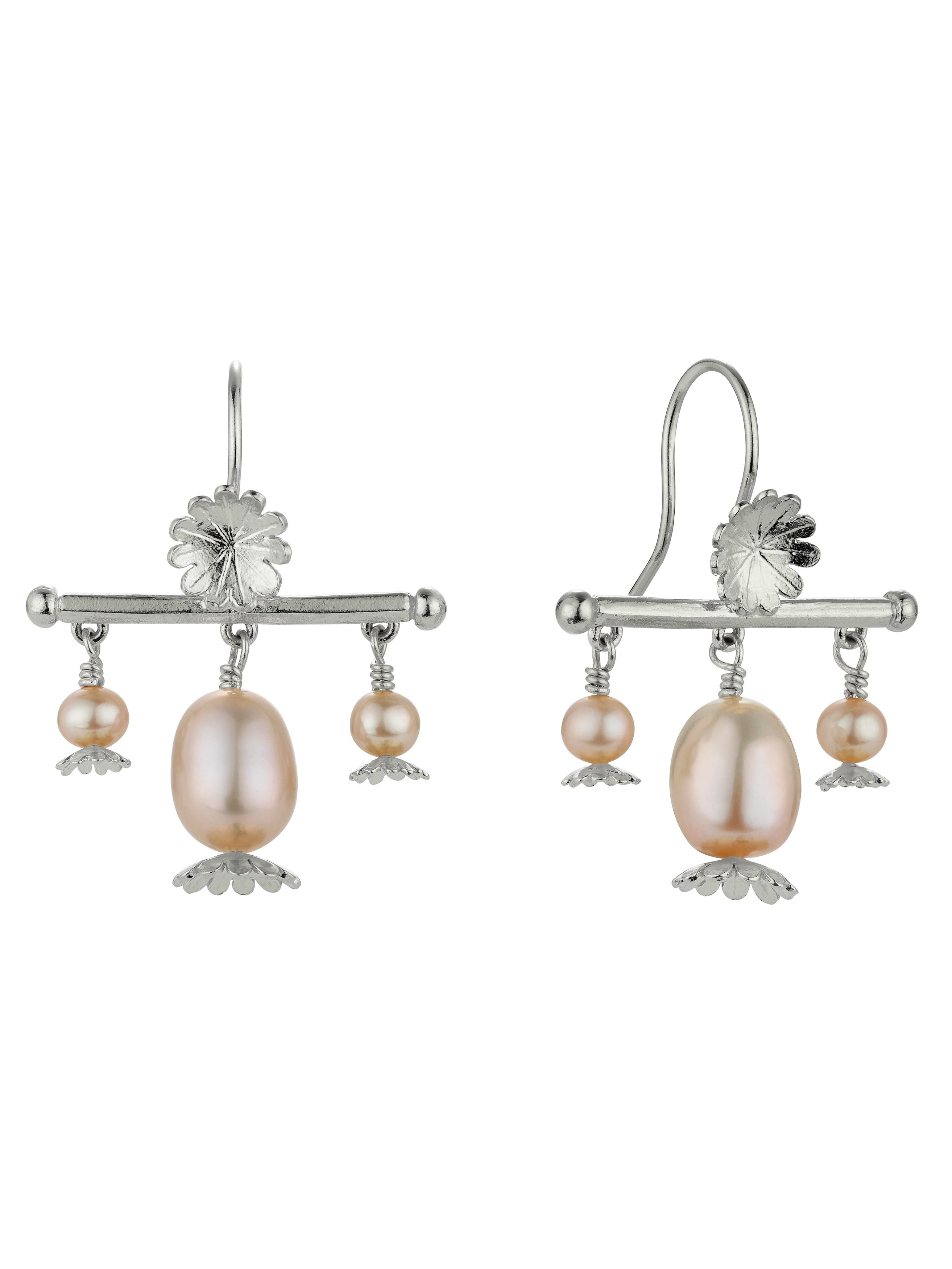 Poppy Head Chandelier Drop Earrings with Pink Pearls - image 8 | silver
