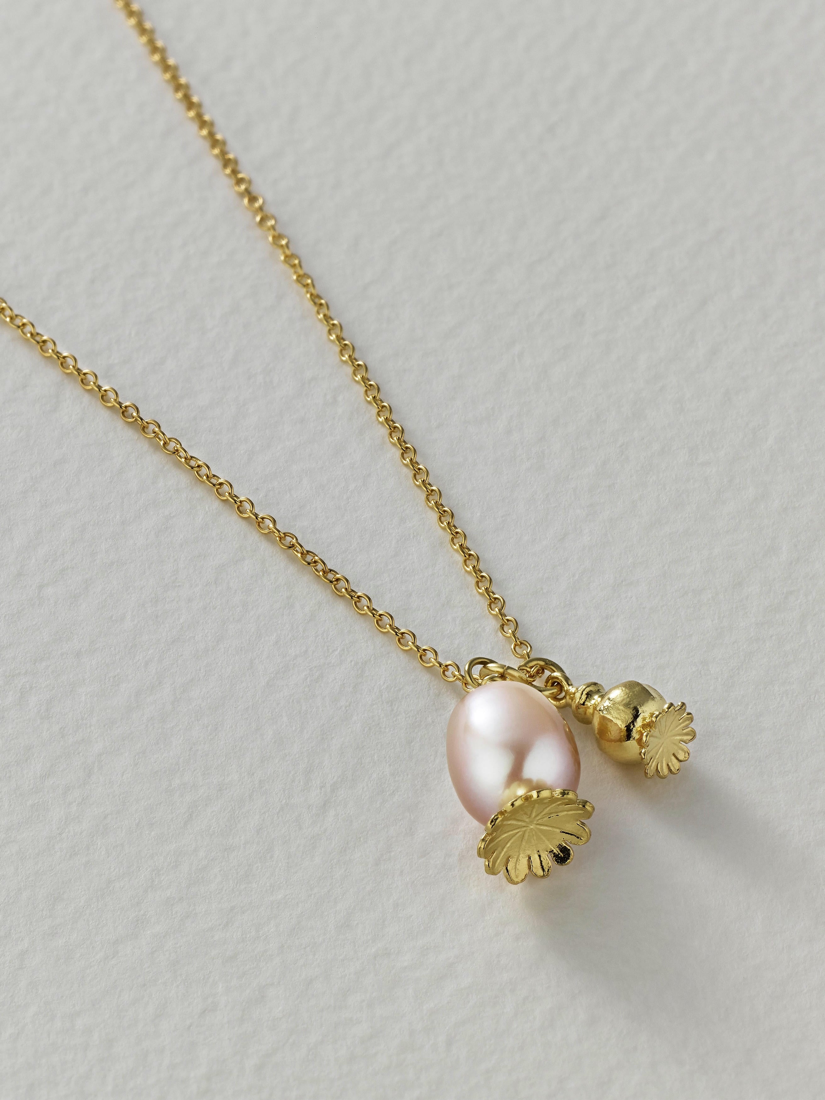 Double Poppy Seed Head Charm Necklace with Pink Pearl - image 6 | gold plate