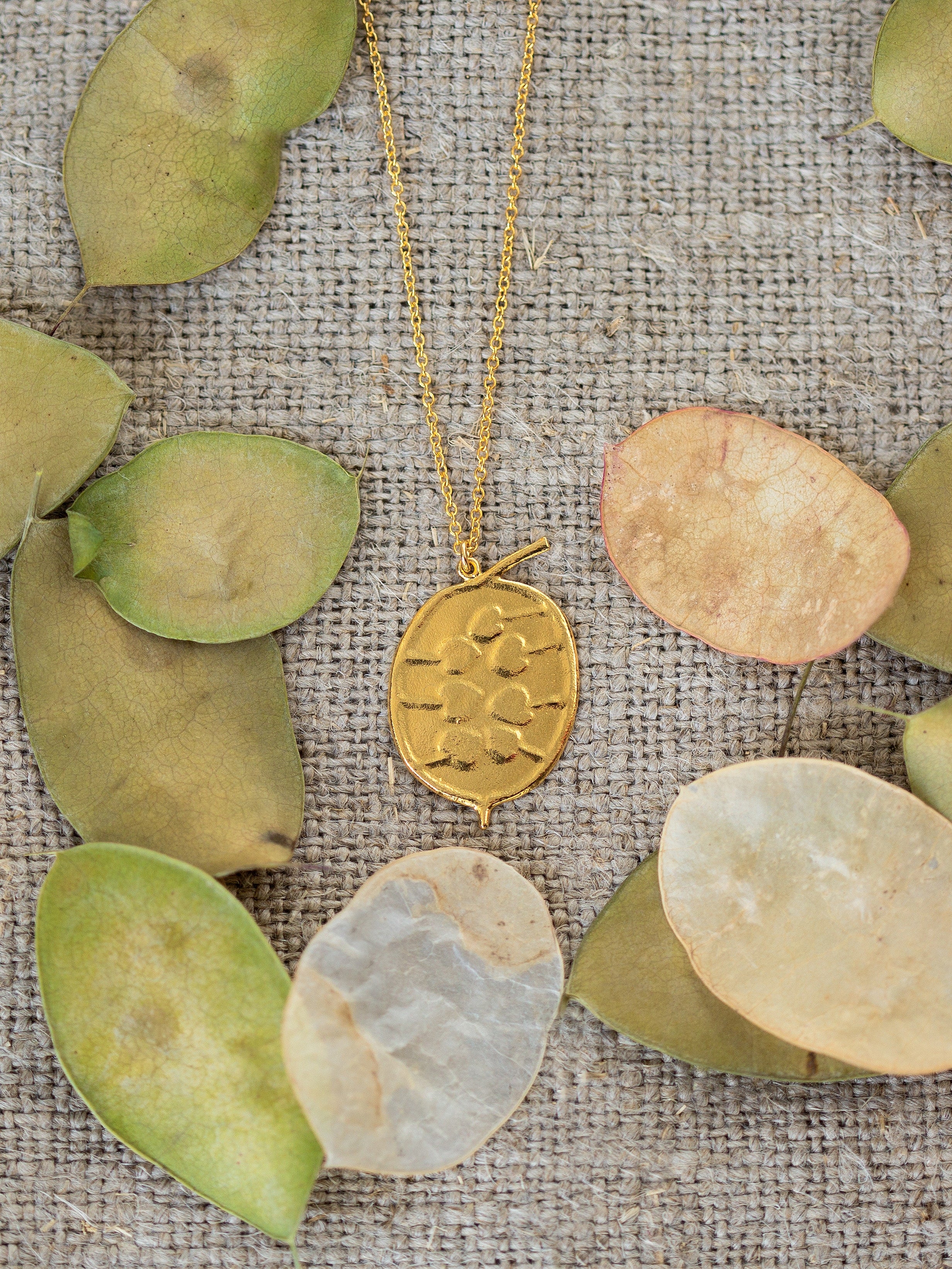 Honesty Pod Necklace with Heart Shaped Seeds - image 3 | gold plate