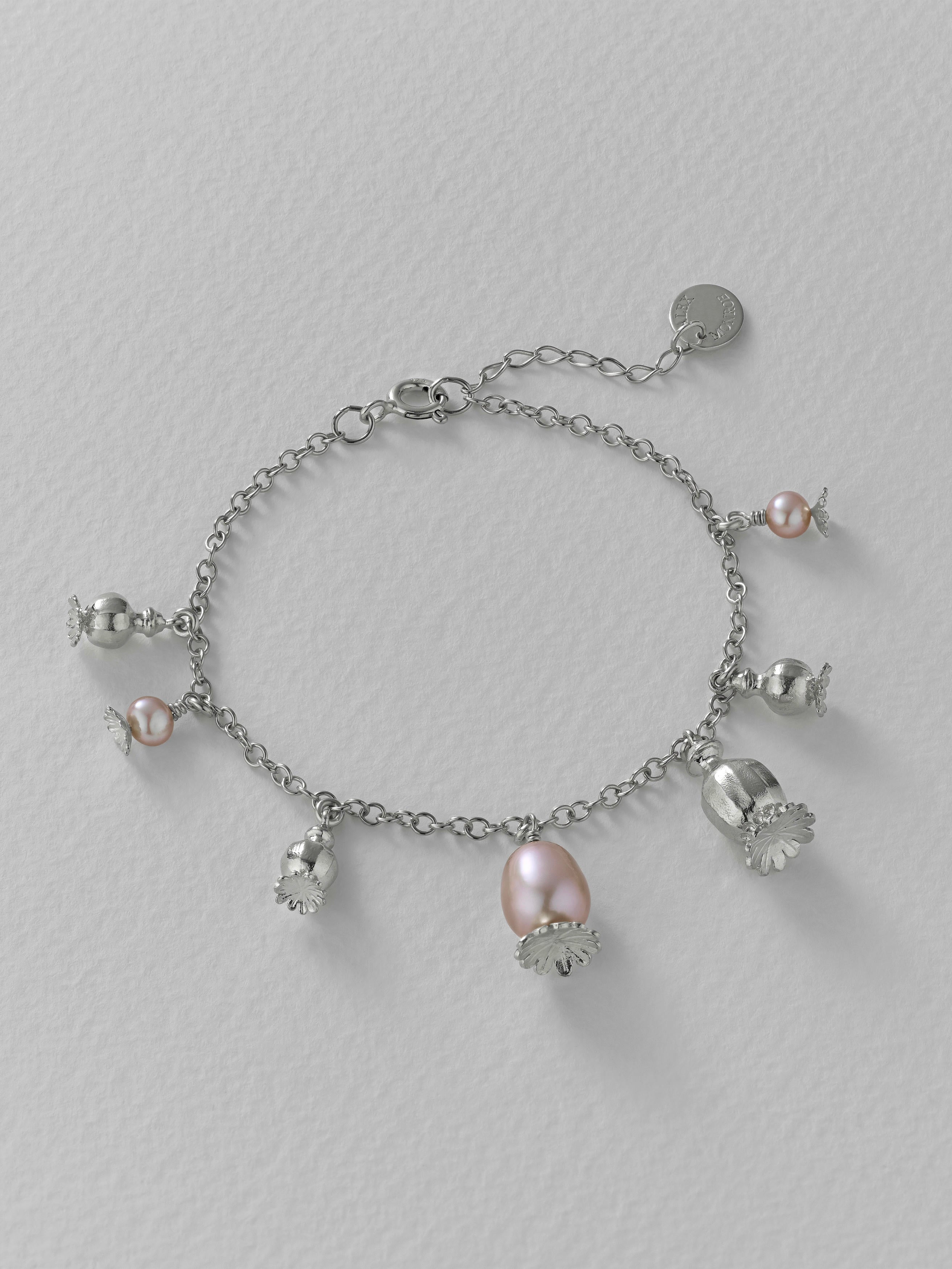 Scattered Poppy Head Charm Bracelet with Pink Pearls - image 8 | silver