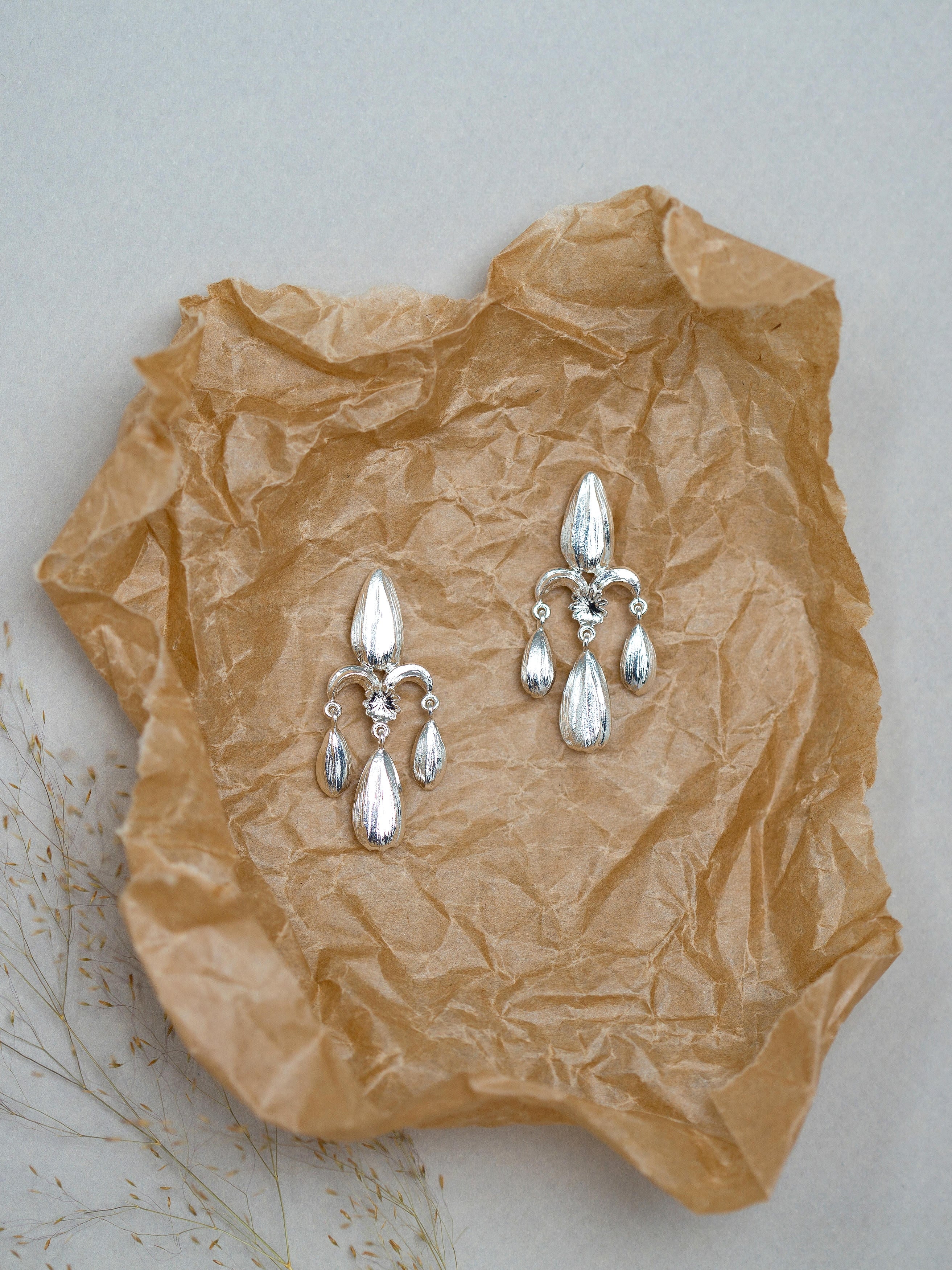 Sunflower Seed Fleur de Lis Chandelier Earrings - image 8 | silver