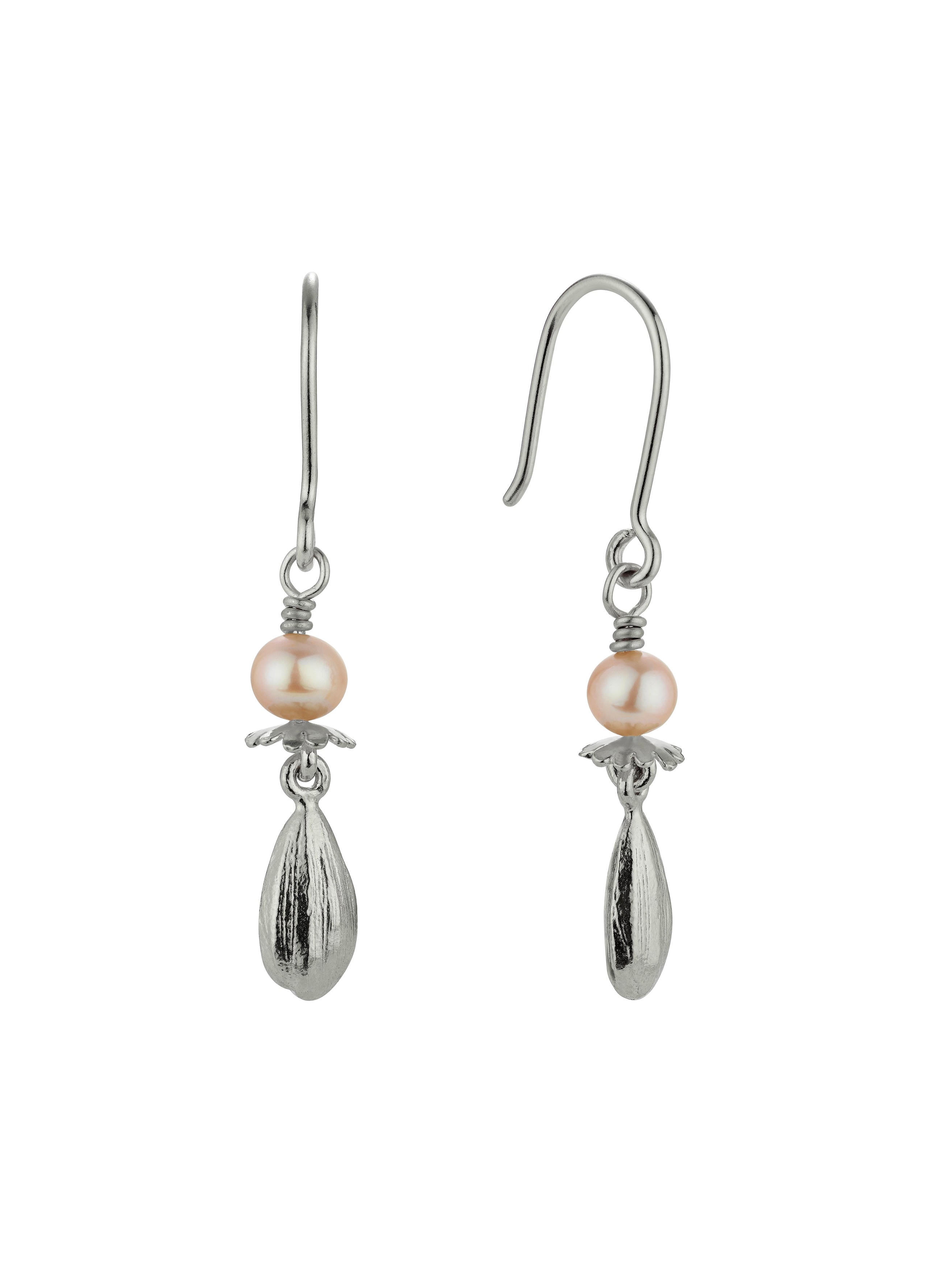 Pink Pearl Hook Earrings with Poppy & Sunflower Seed Drops - image 6 | silver