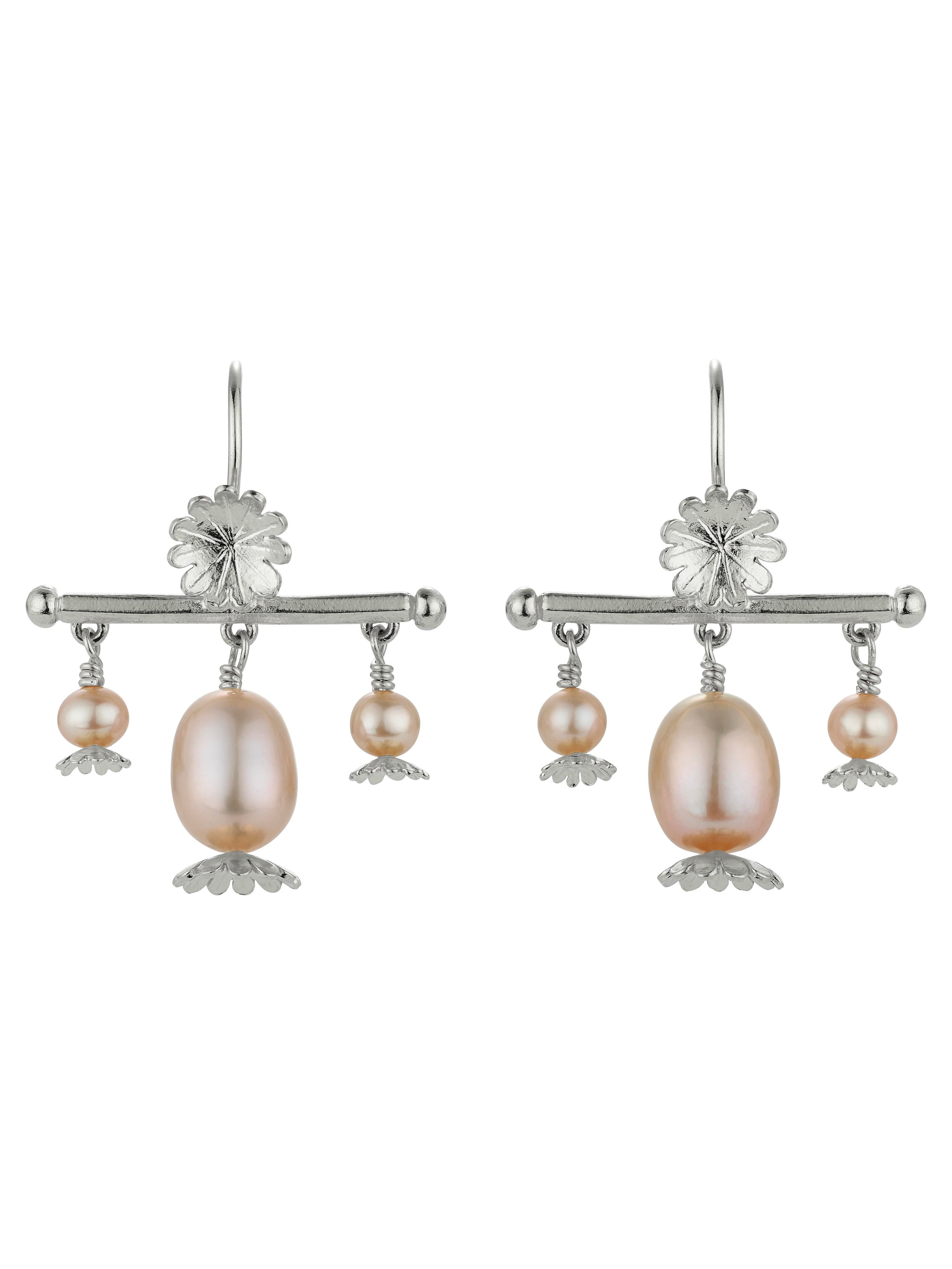 Poppy Head Chandelier Drop Earrings with Pink Pearls - image 11 | silver