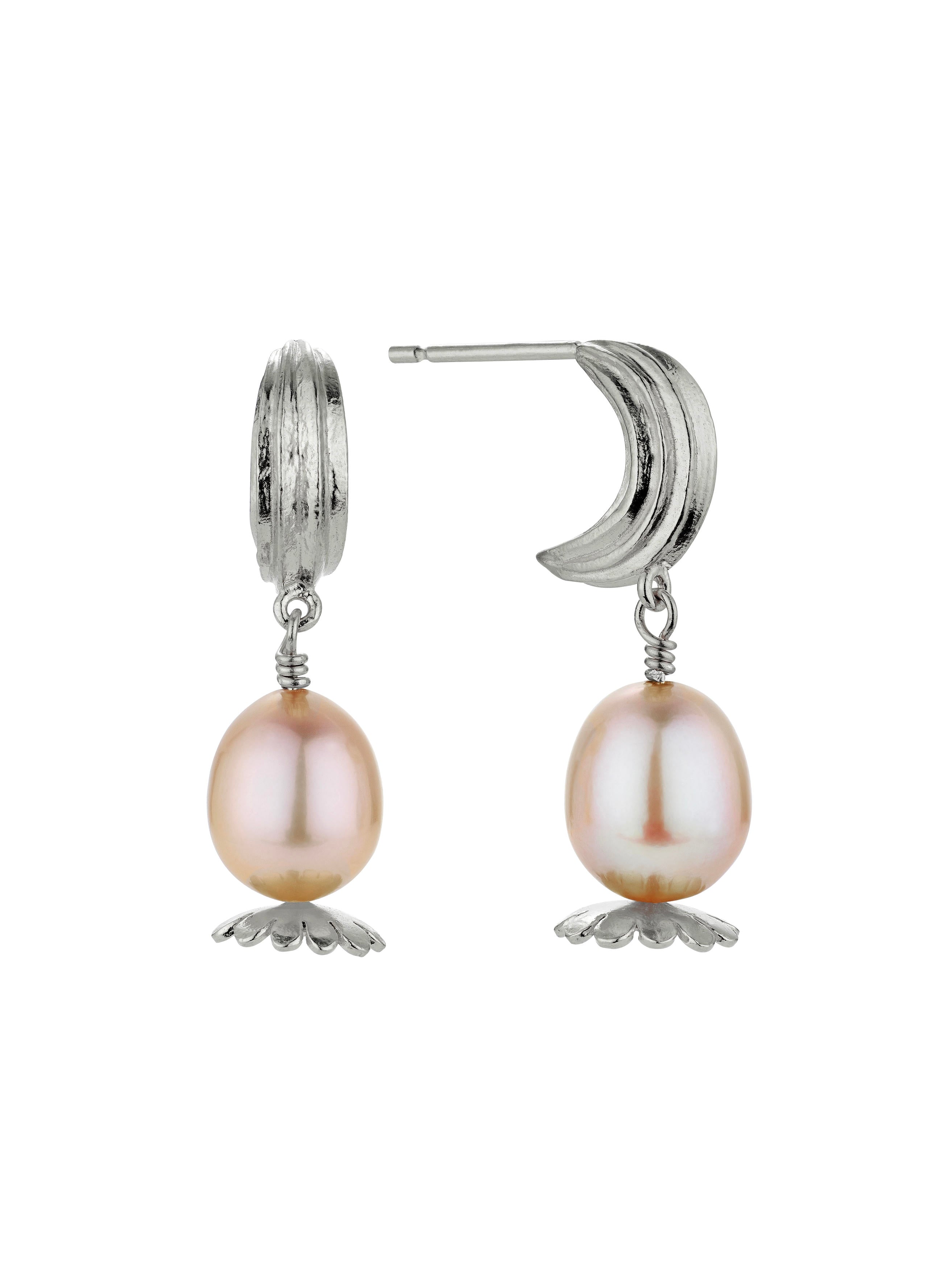 Kissing Seed Huggie Hoop Earrings with Pink Pearl Poppy Head Drop - image 8 | silver