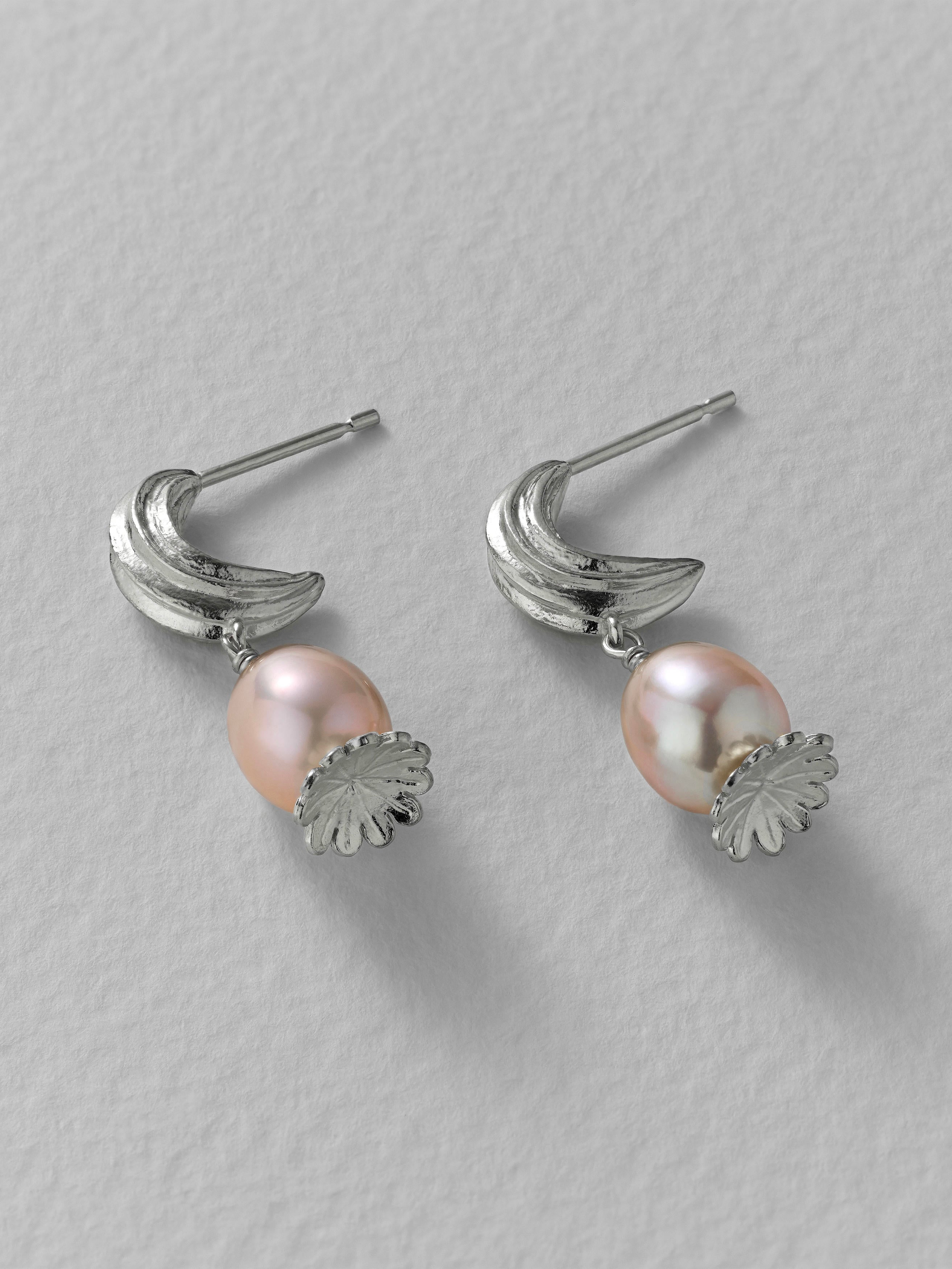 Kissing Seed Huggie Hoop Earrings with Pink Pearl Poppy Head Drop - image 9 | silver
