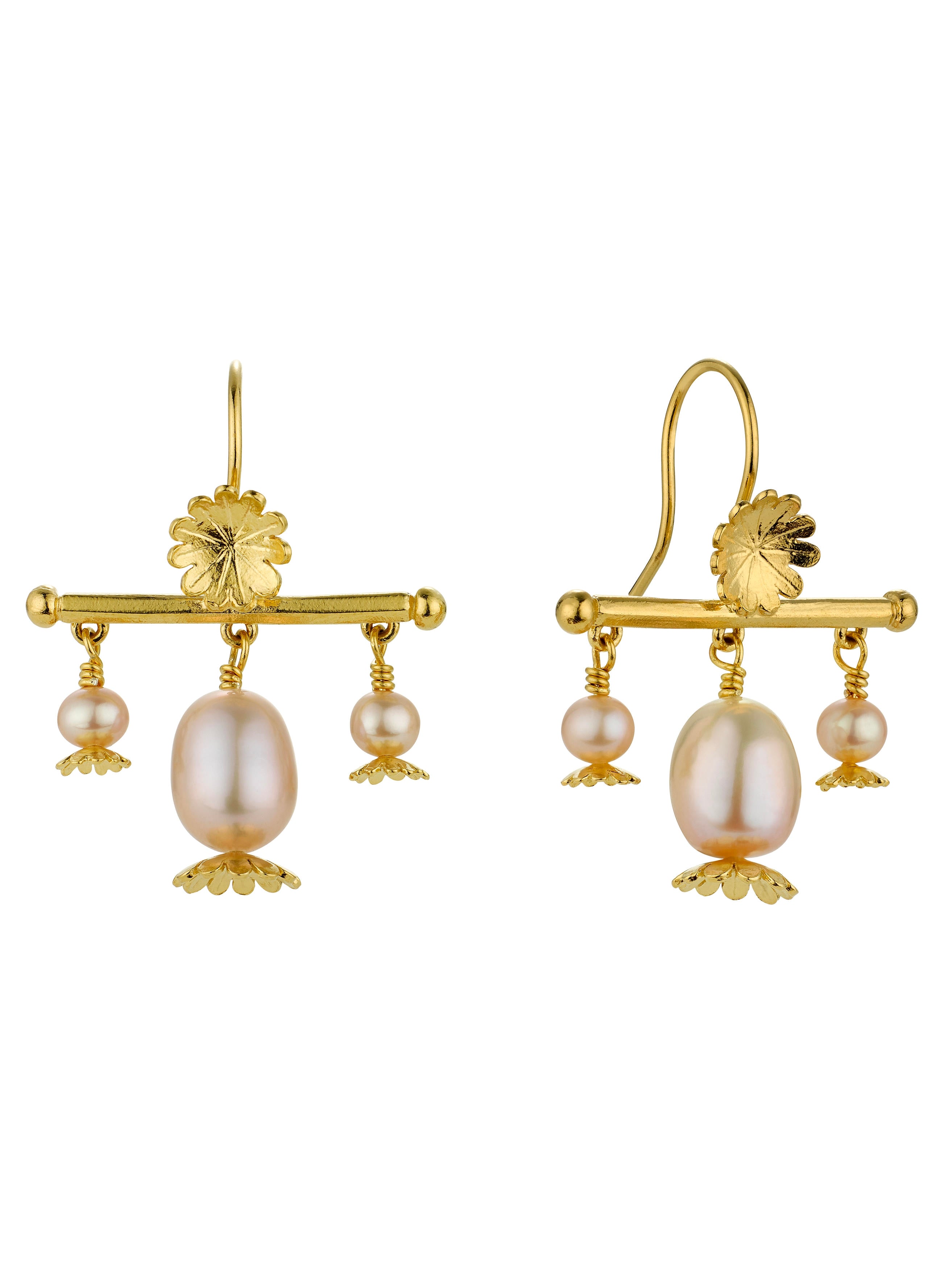 Poppy Head Chandelier Drop Earrings with Pink Pearls - image 1 | gold plate
