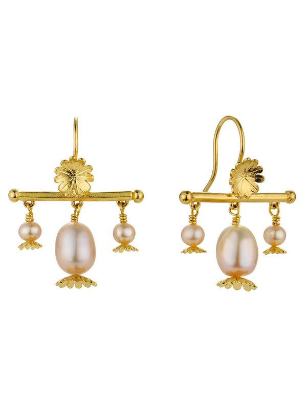 Poppy Head Chandelier Drop Earrings with Pink Pearls