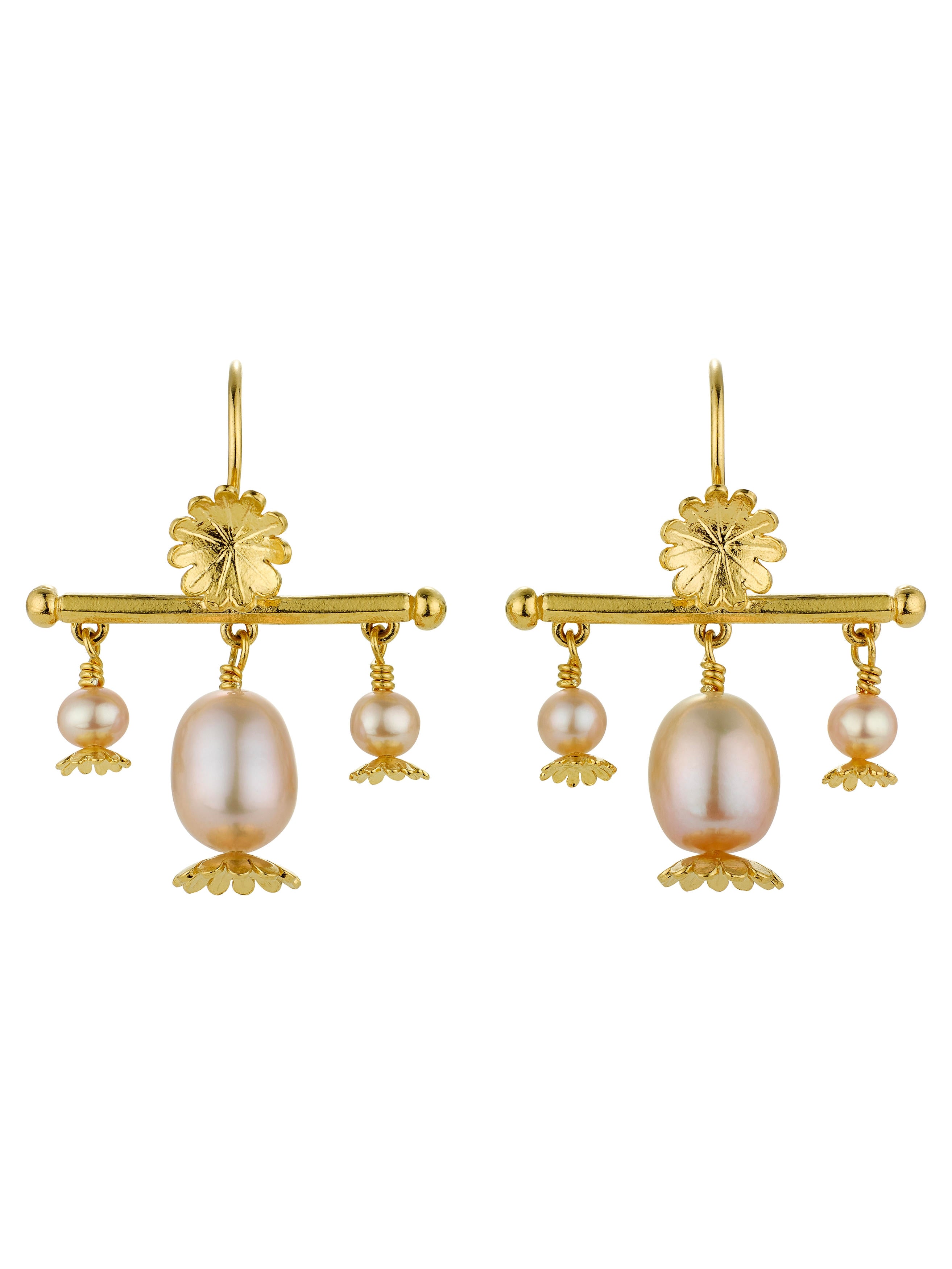 Poppy Head Chandelier Drop Earrings with Pink Pearls - image 7 | gold plate