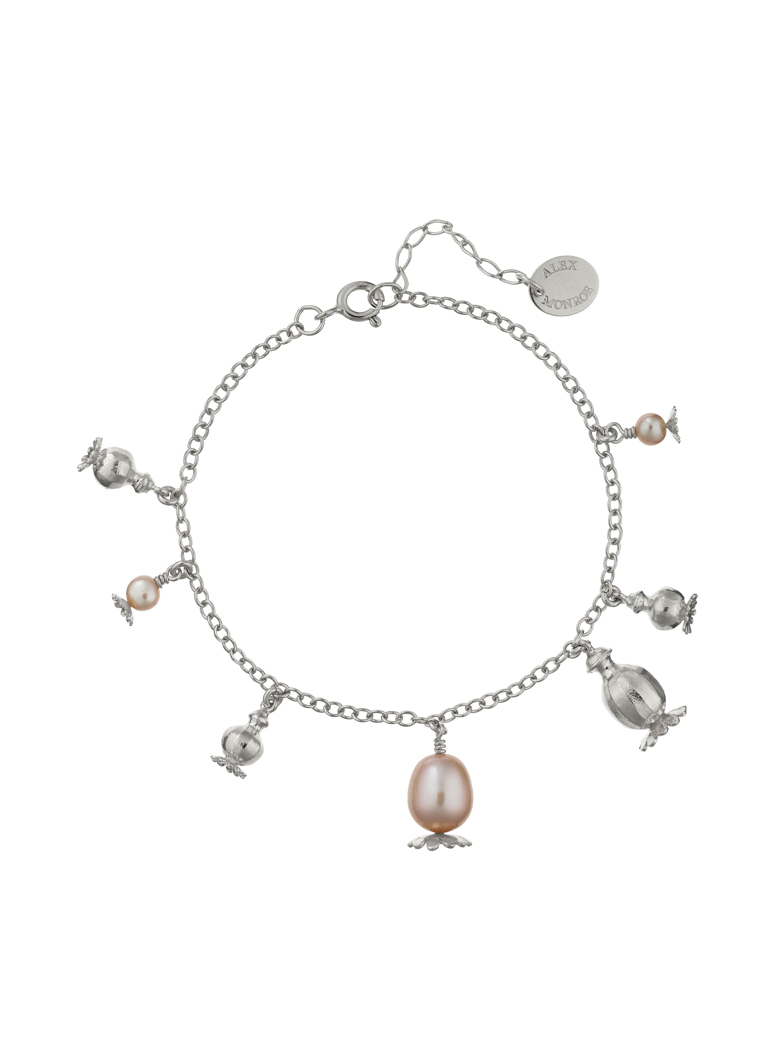 Scattered Poppy Head Charm Bracelet with Pink Pearls - image 5 | silver