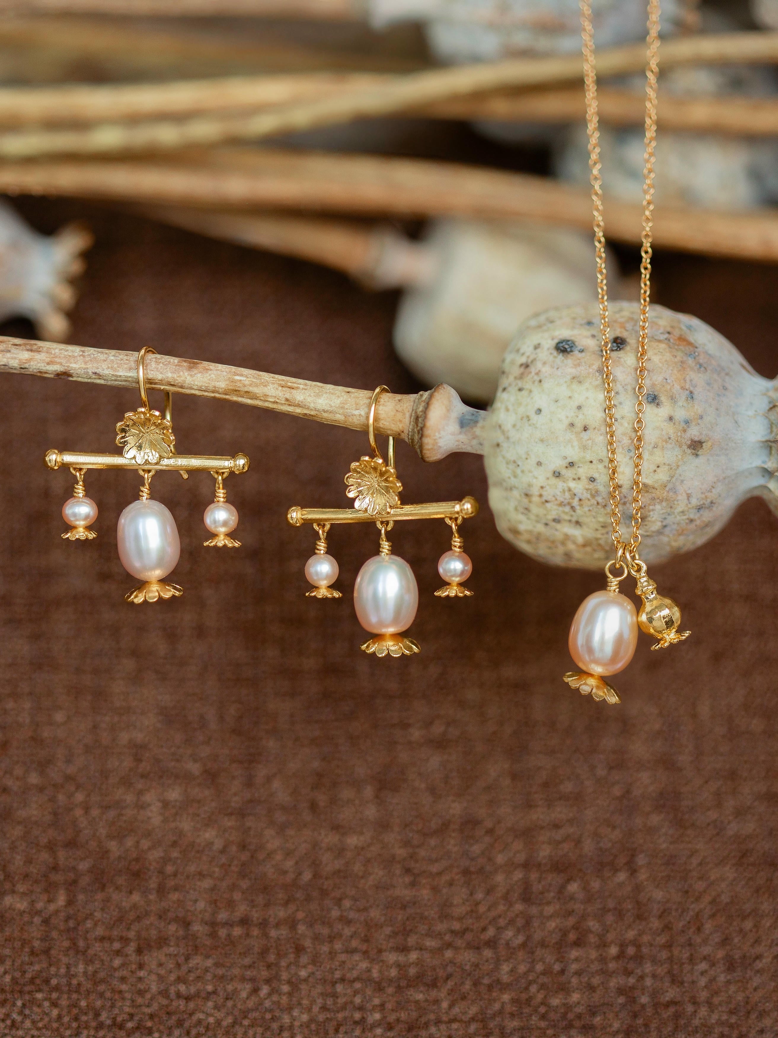 Double Poppy Seed Head Charm Necklace with Pink Pearl - image 3