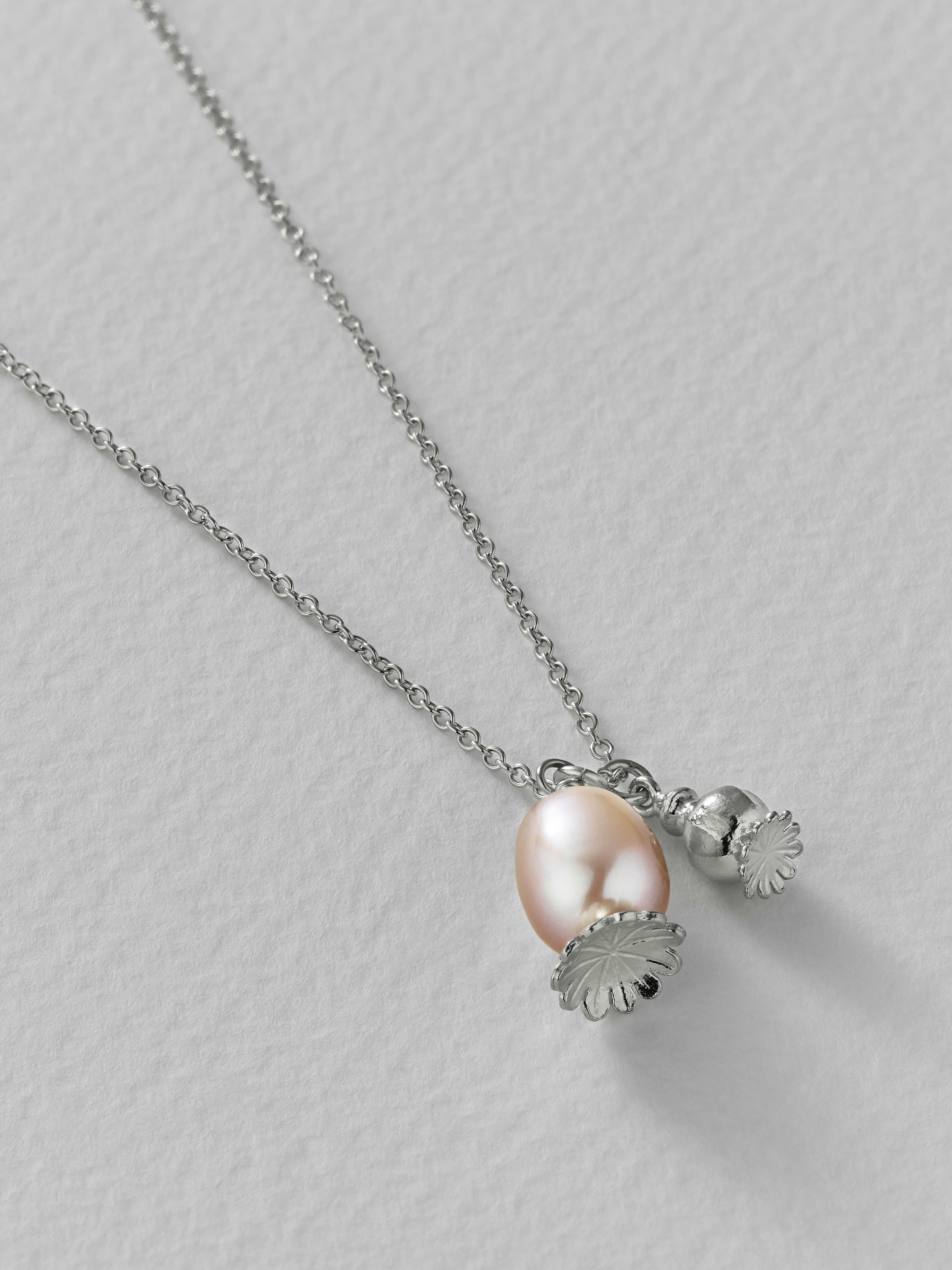 Double Poppy Seed Head Charm Necklace with Pink Pearl - image 9 | silver
