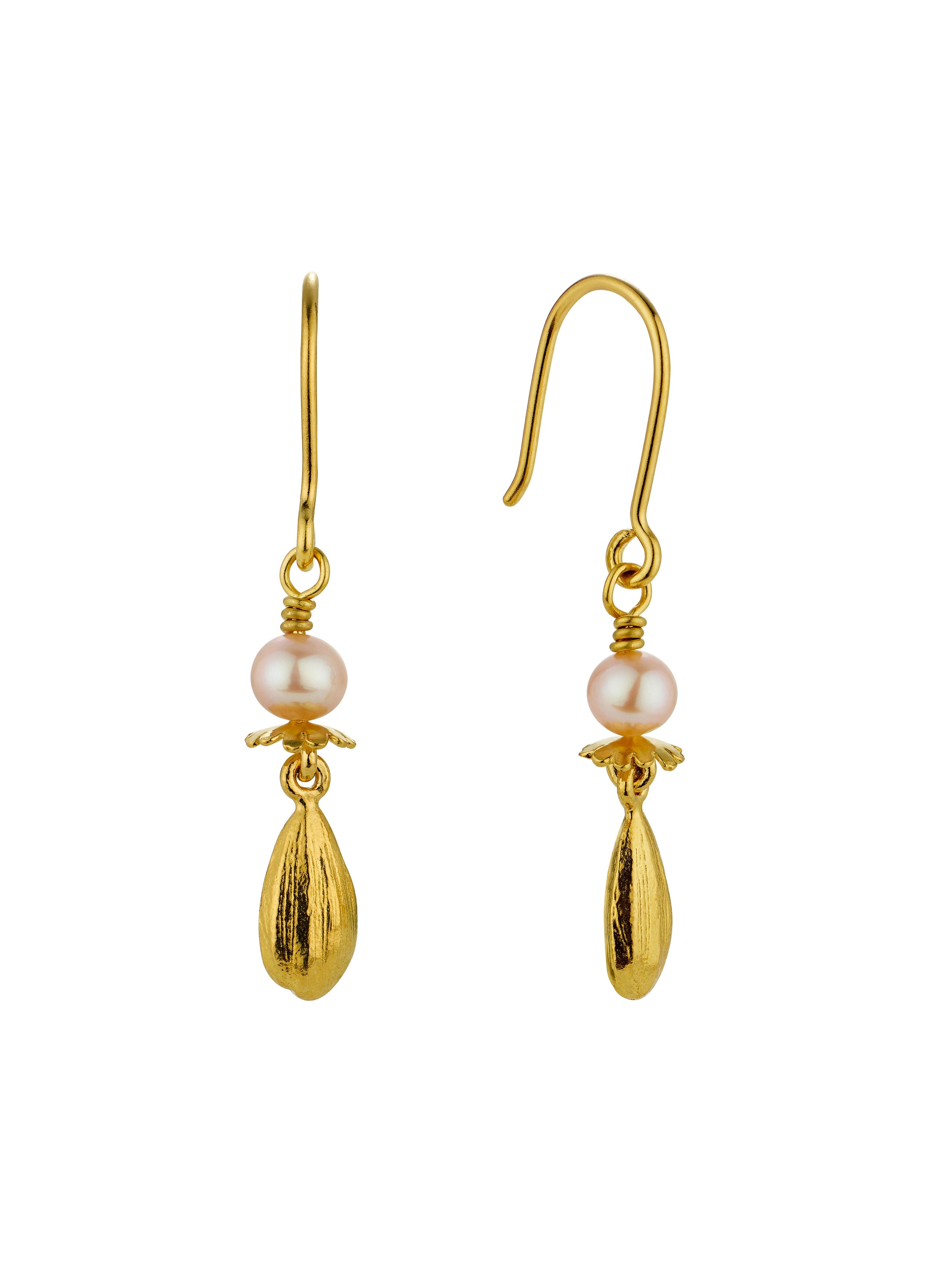 Pink Pearl Hook Earrings with Poppy & Sunflower Seed Drops - image 1 | gold plate