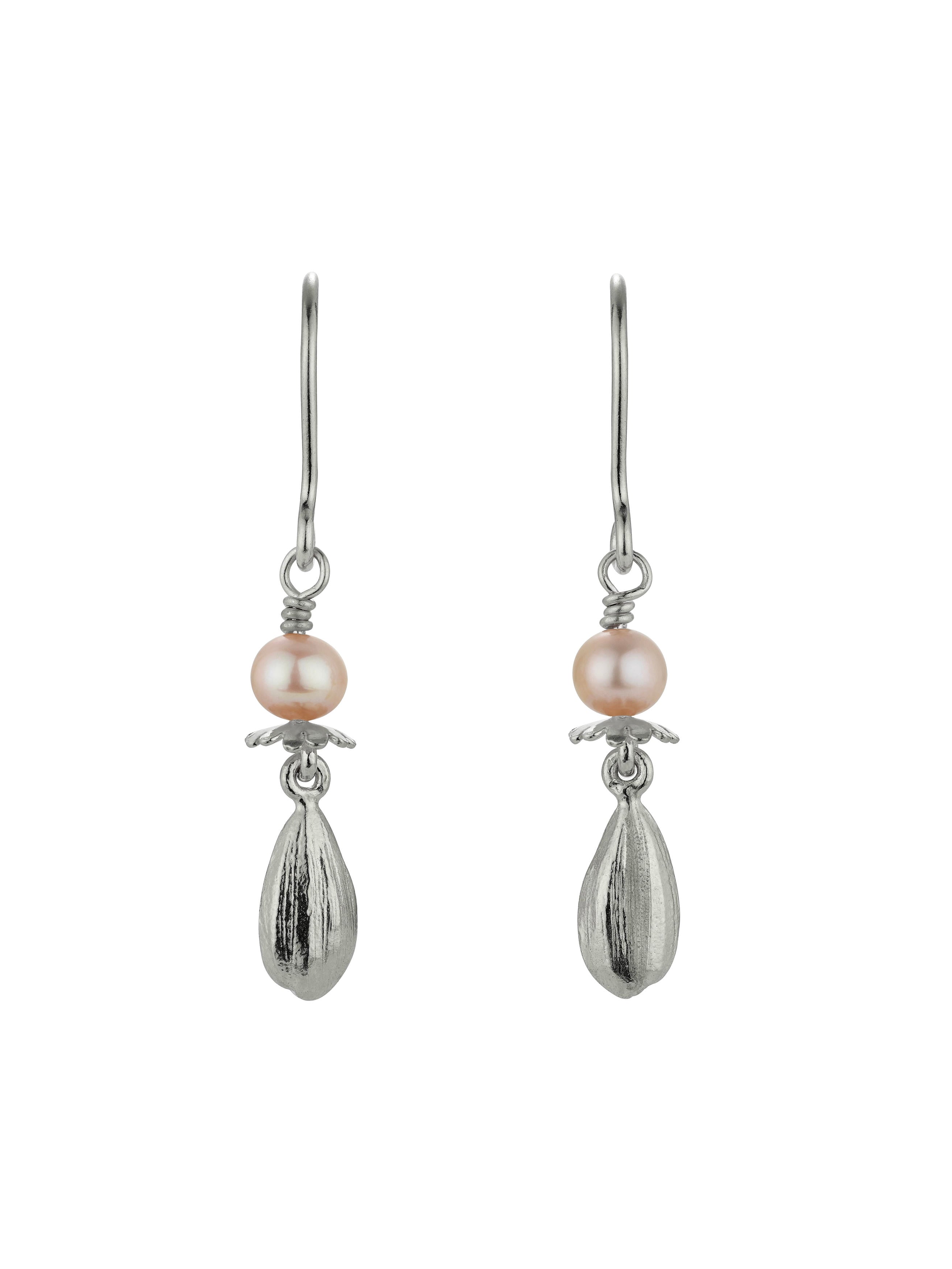 Pink Pearl Hook Earrings with Poppy & Sunflower Seed Drops - image 9 | silver