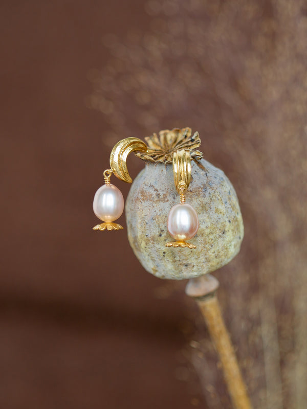 Kissing Seed Huggie Hoop Earrings with Pink Pearl Poppy Head Drop