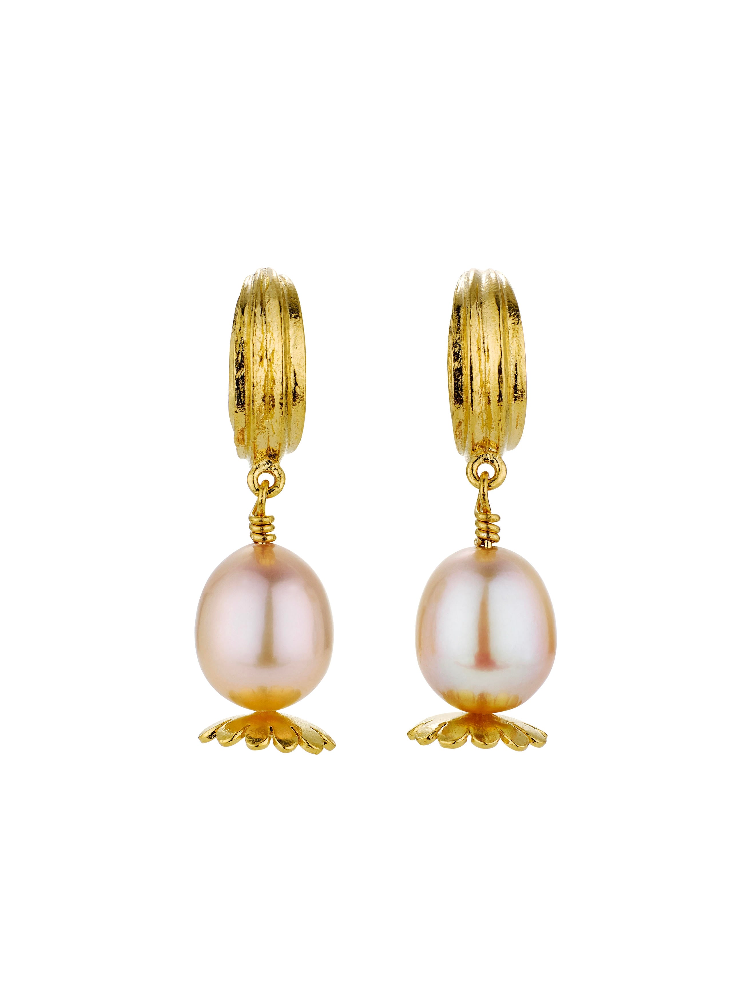 Kissing Seed Huggie Hoop Earrings with Pink Pearl Poppy Head Drop - image 7 | gold plate