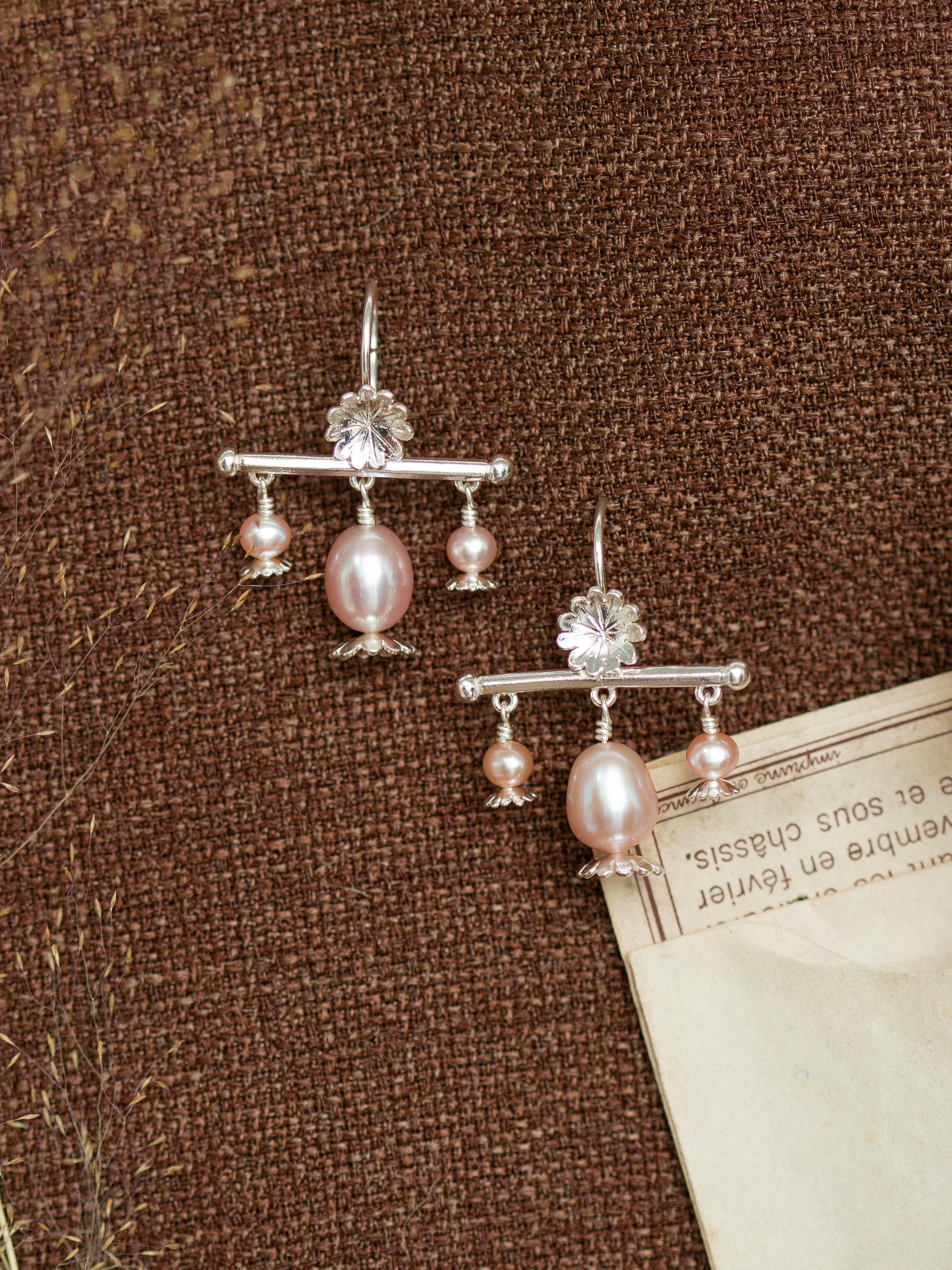Poppy Head Chandelier Drop Earrings with Pink Pearls - image 9 | silver