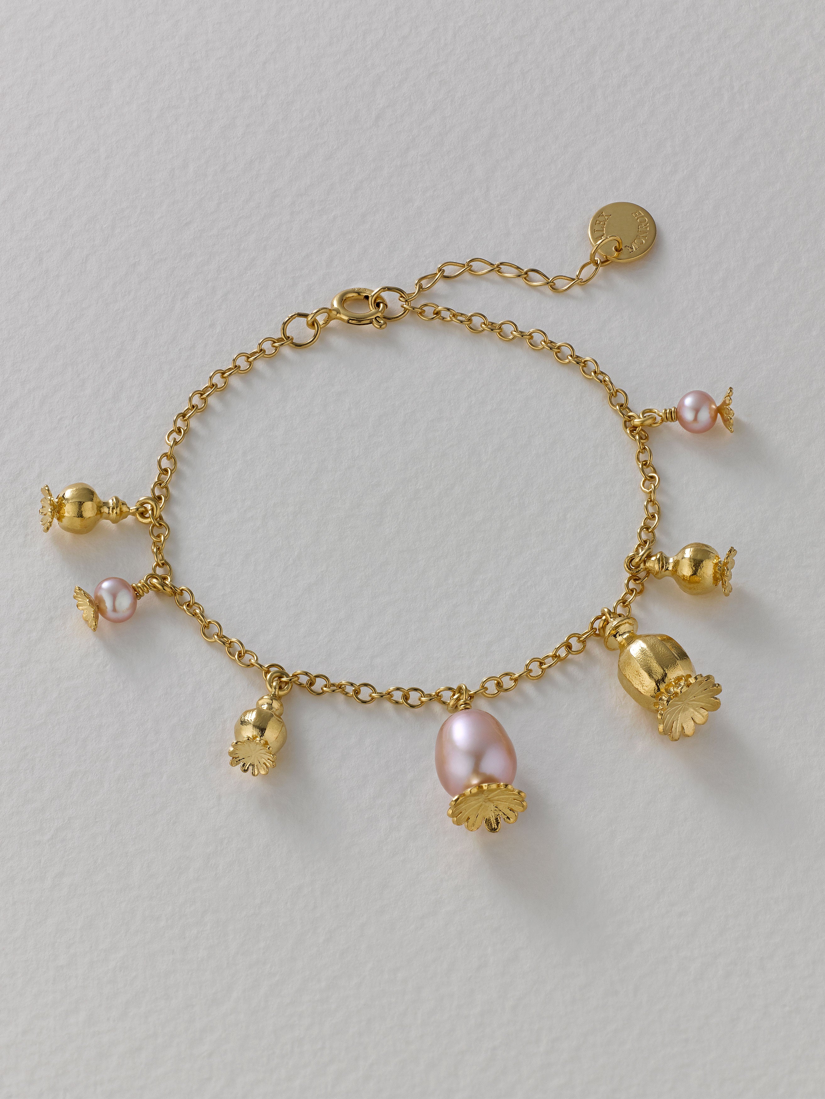 Scattered Poppy Head Charm Bracelet with Pink Pearls - image 4 | gold plate