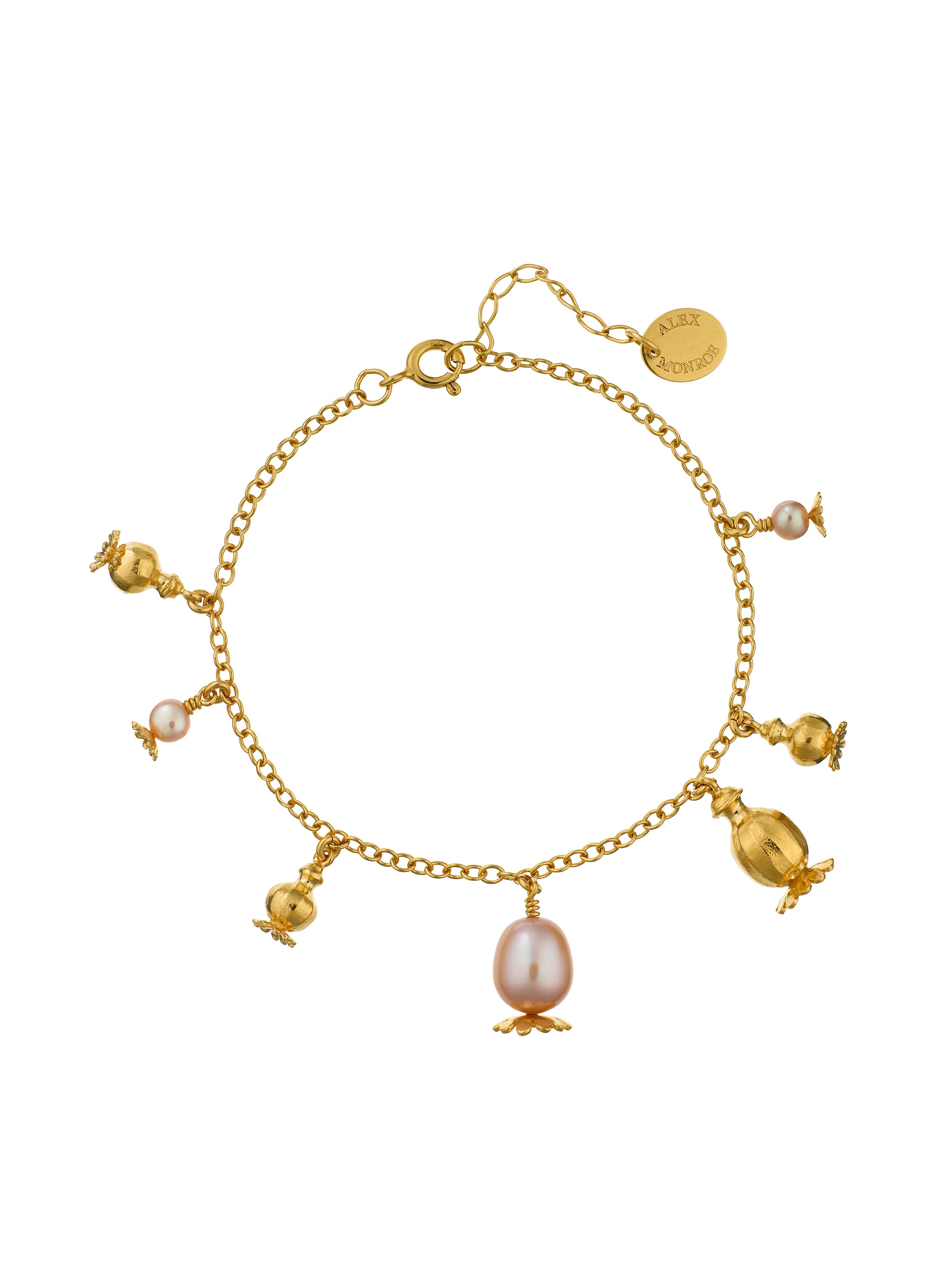 Scattered Poppy Head Charm Bracelet with Pink Pearls - image 1 | gold plate