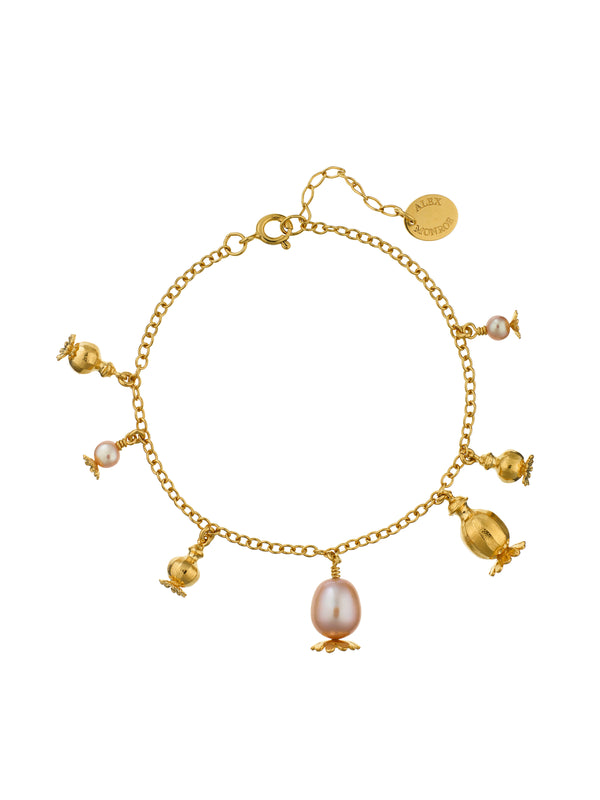Scattered Poppy Head Charm Bracelet with Pink Pearls