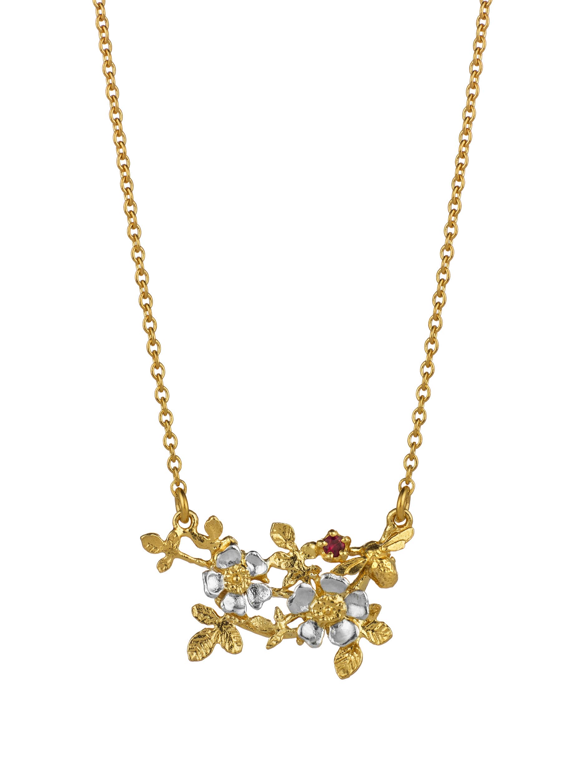 Inline Wild Rose Necklace with a Bee & Ruby - 40 Years of Alex Monroe  - image 1 | silver & gold plate