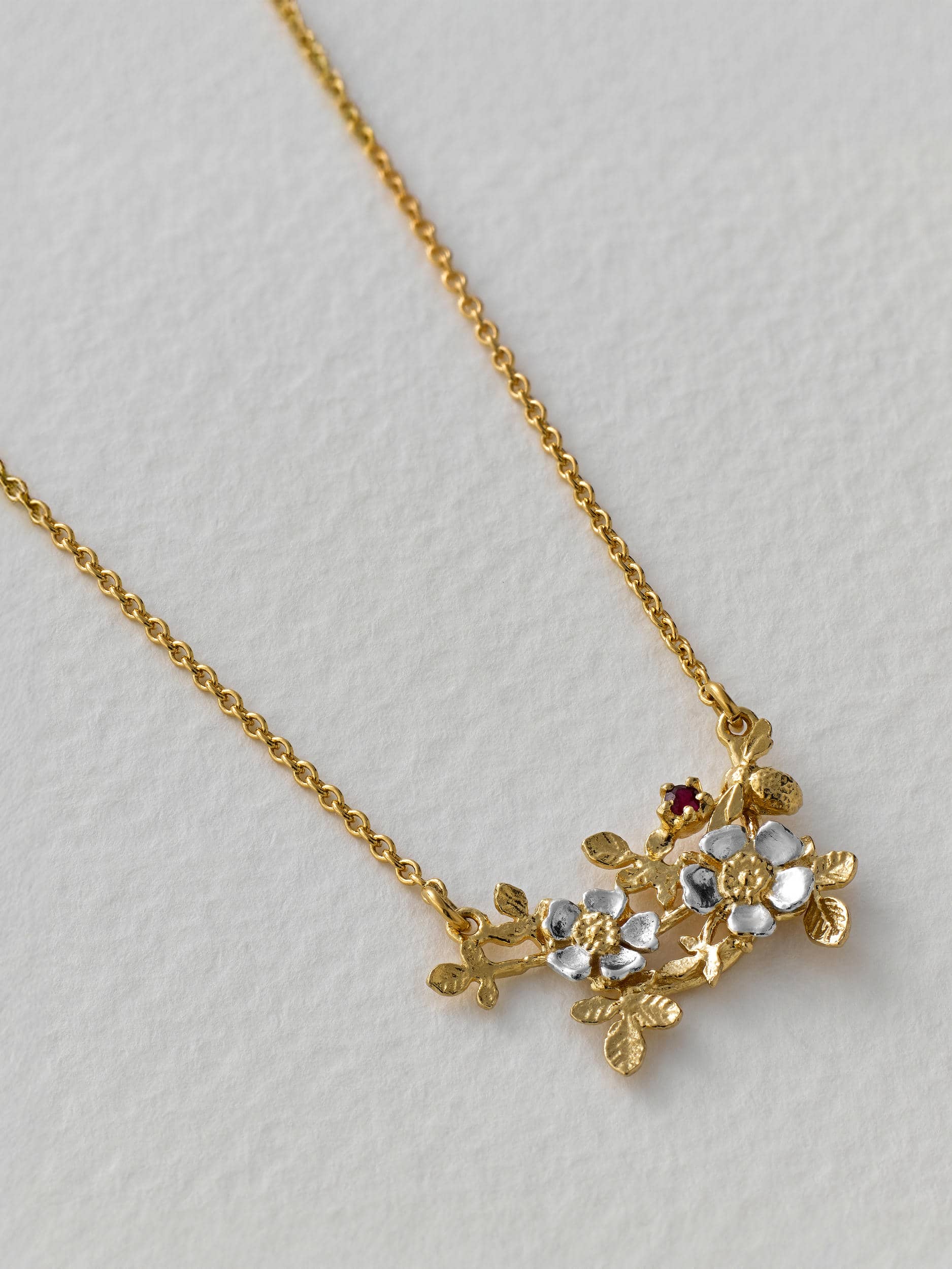 Inline Wild Rose Necklace with a Bee & Ruby - 40 Years of Alex Monroe  - image 3 | silver & gold plate
