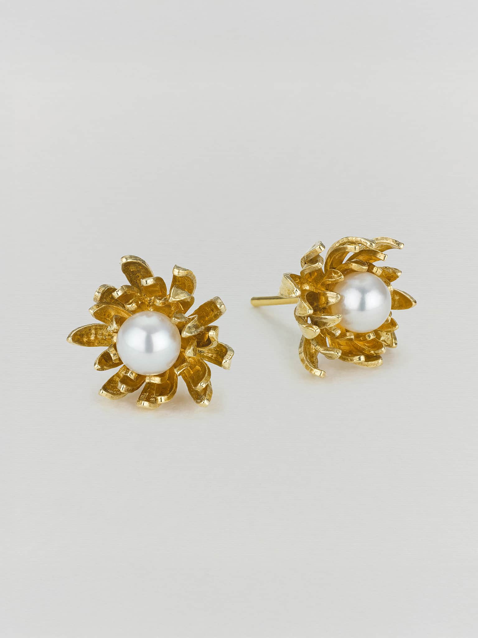 Chrysanthemum Flower Pearl Earrings - image 3 | gold plate
