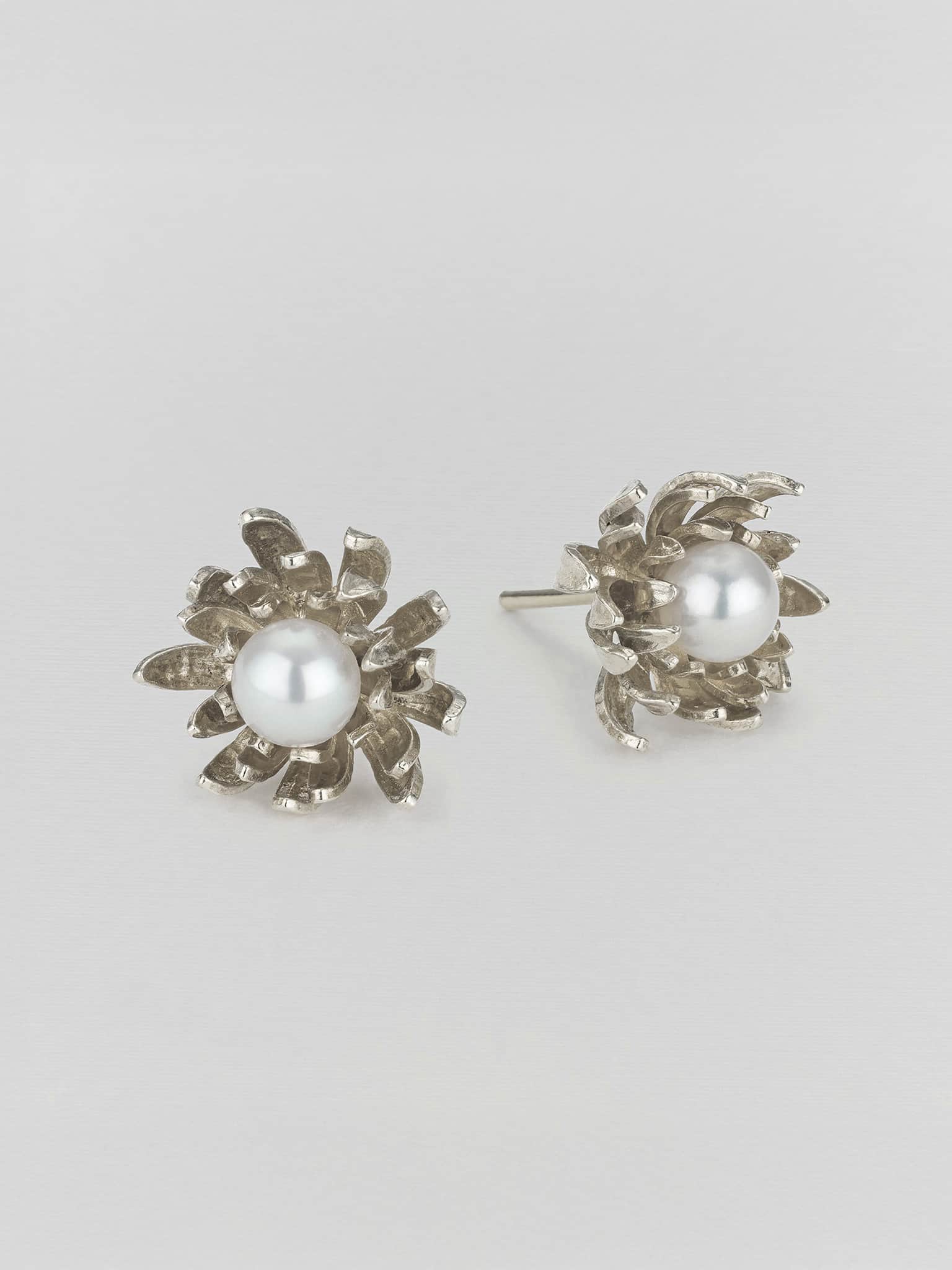Chrysanthemum Flower Pearl Earrings - image 6 | silver
