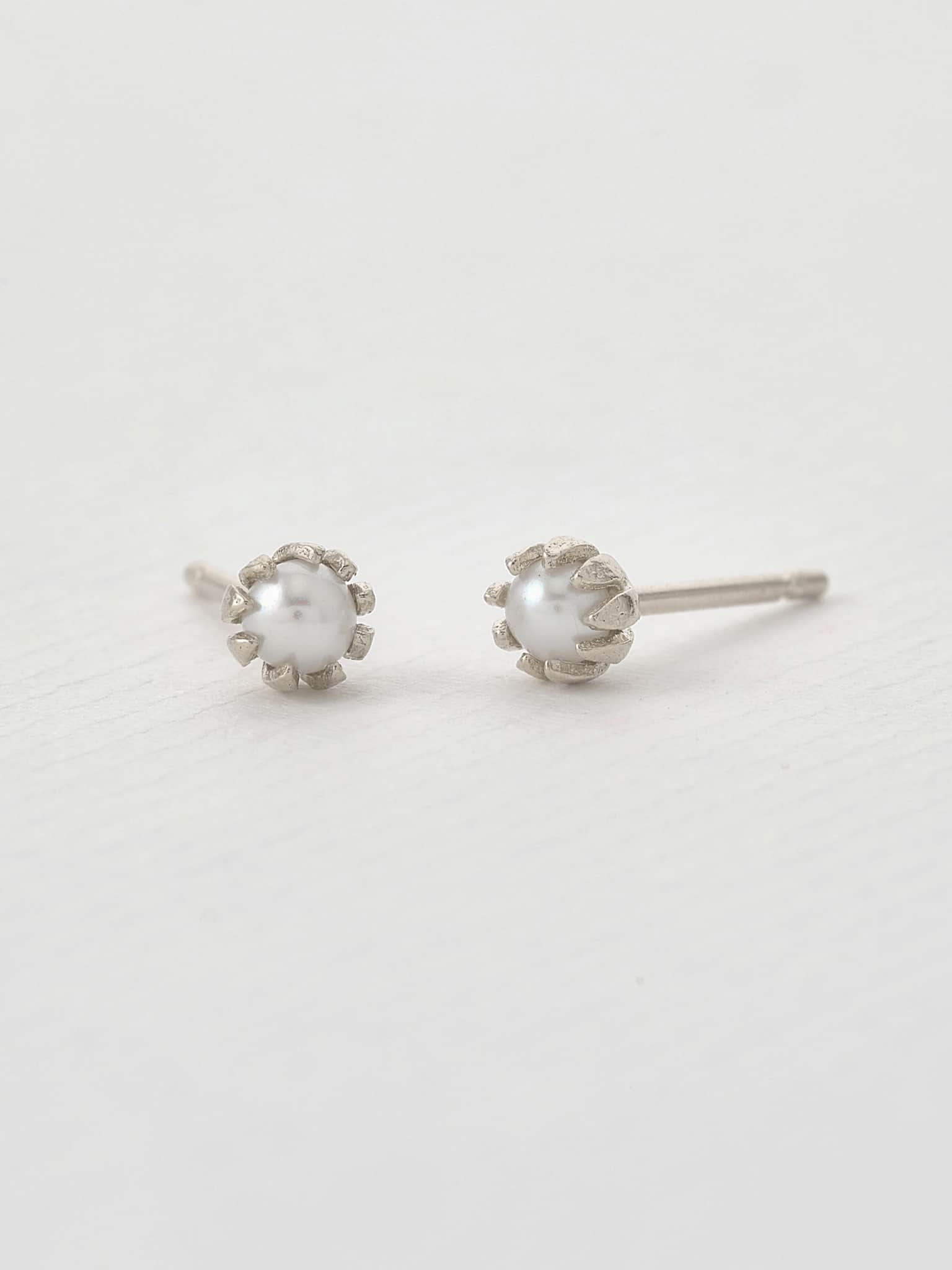 Chrysanthemum Bud Pearl Stud Earrings - image 6 | silver