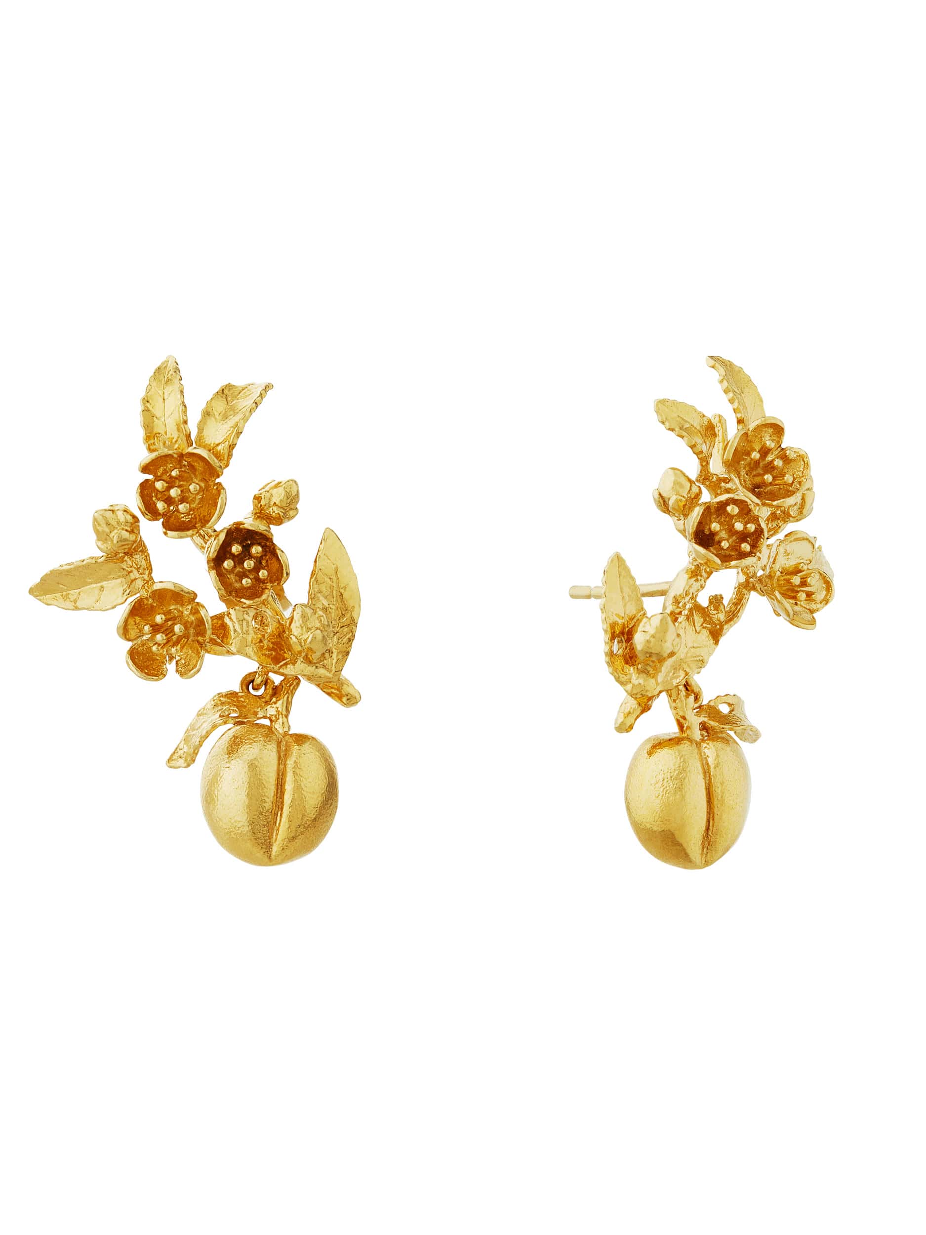 Peach Blossom Branch Climber Earrings with Hanging Peaches - image 1 | gold plate