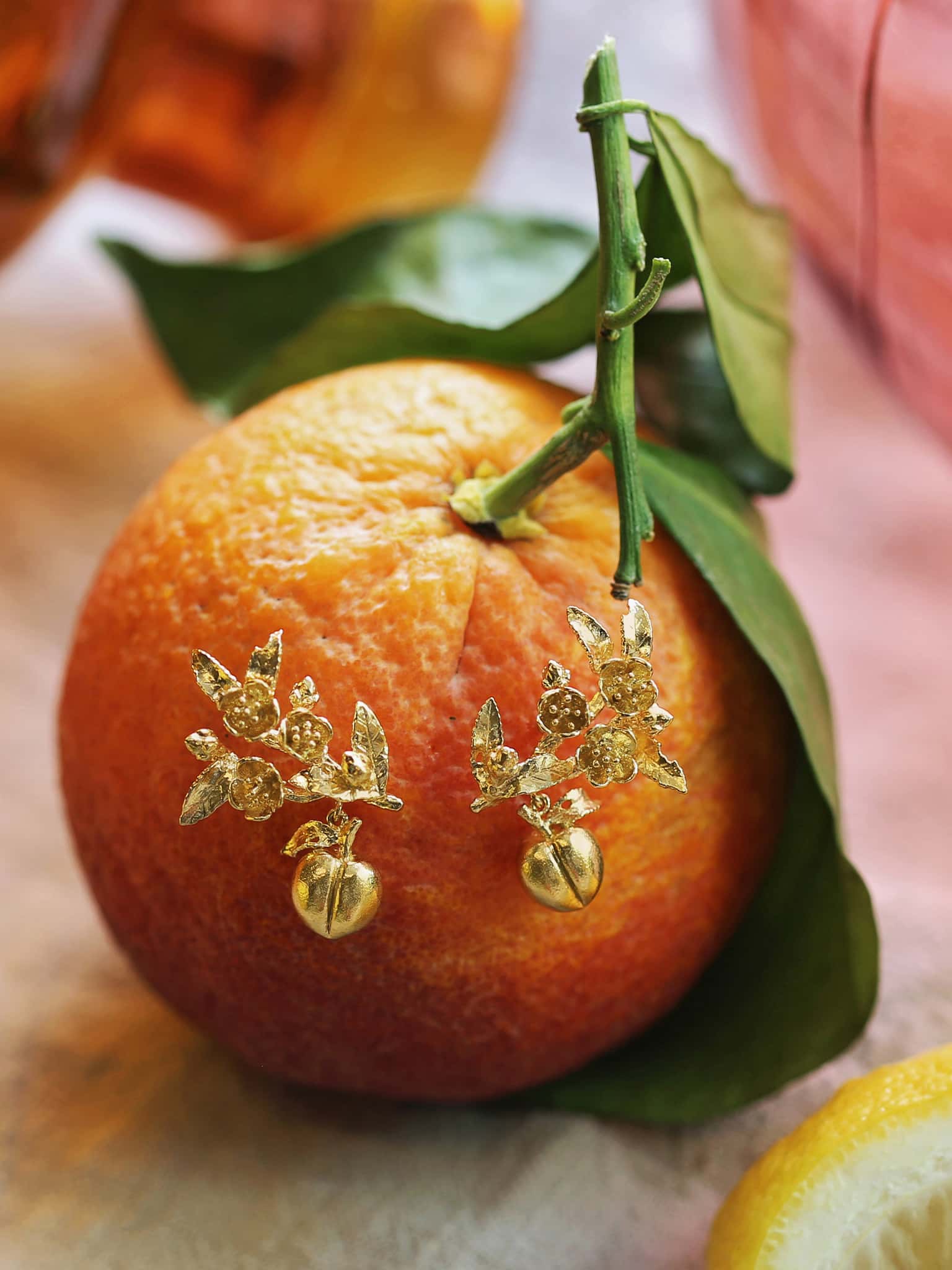 Peach Blossom Branch Climber Earrings with Hanging Peaches - image 3