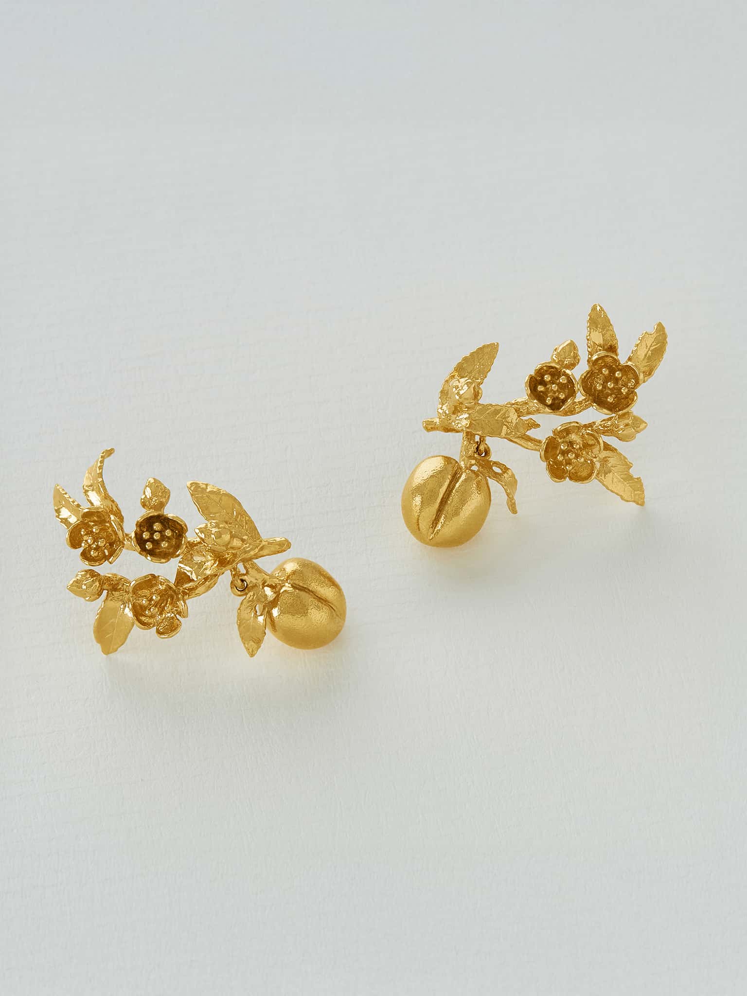 Peach Blossom Branch Climber Earrings with Hanging Peaches - image 4 | gold plate