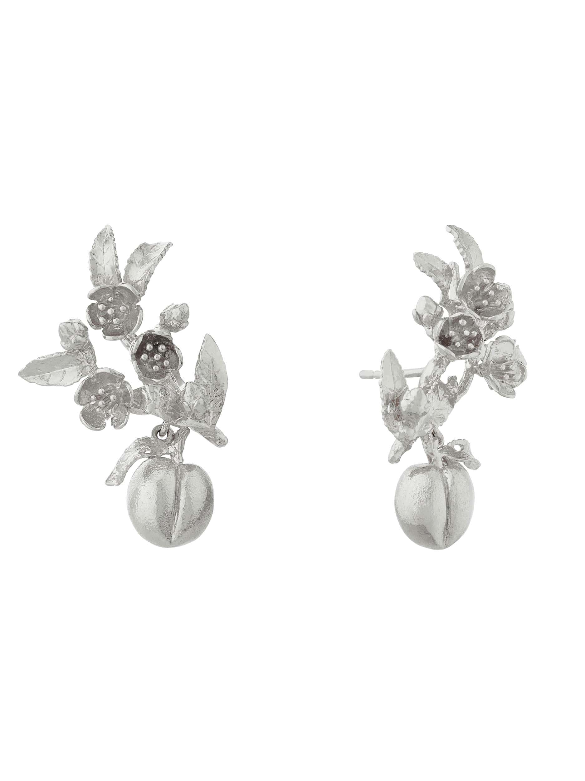 Peach Blossom Branch Climber Earrings with Hanging Peaches - image 6 | silver