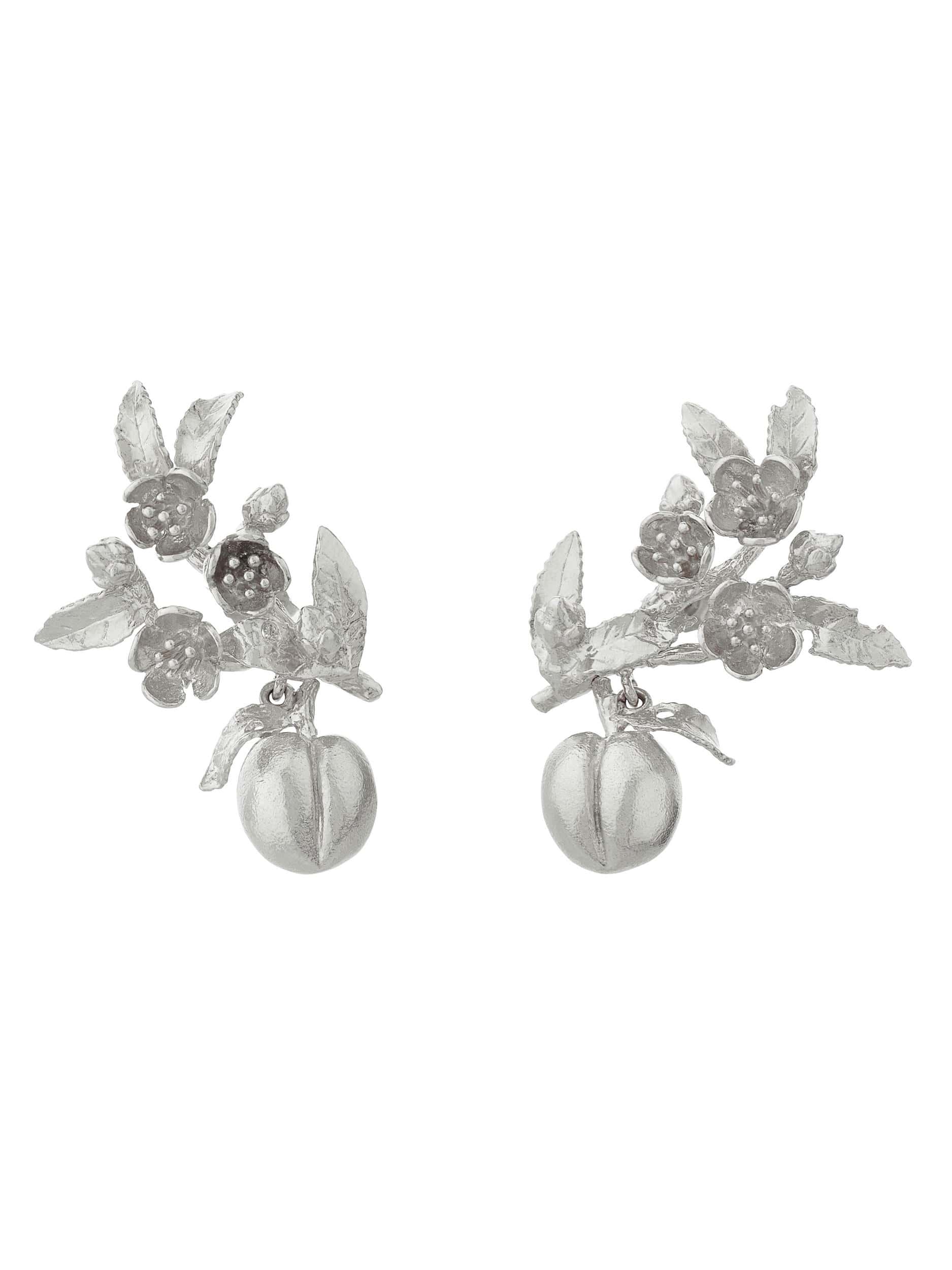 Peach Blossom Branch Climber Earrings with Hanging Peaches - image 8 | silver