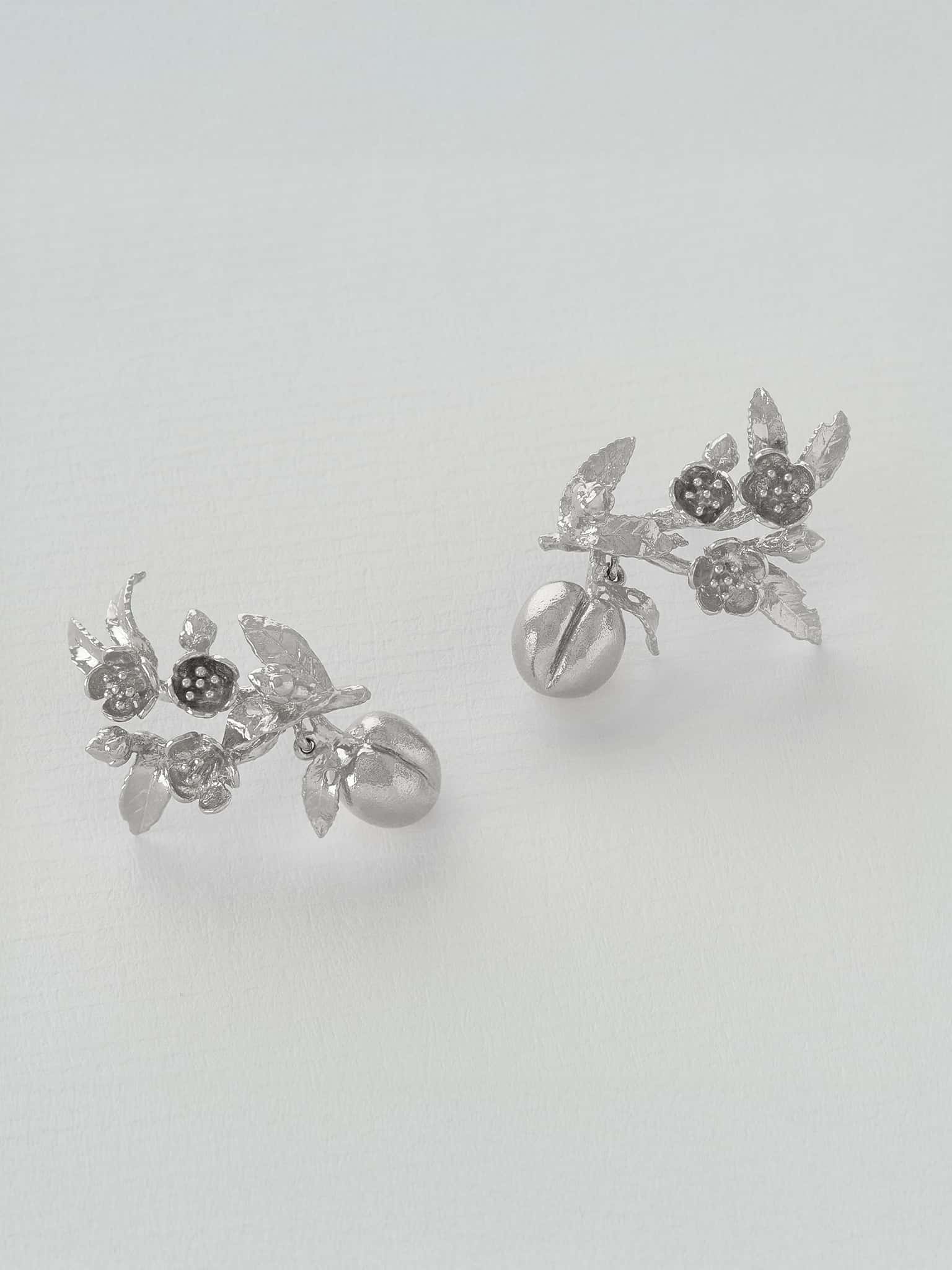 Peach Blossom Branch Climber Earrings with Hanging Peaches - image 7 | silver