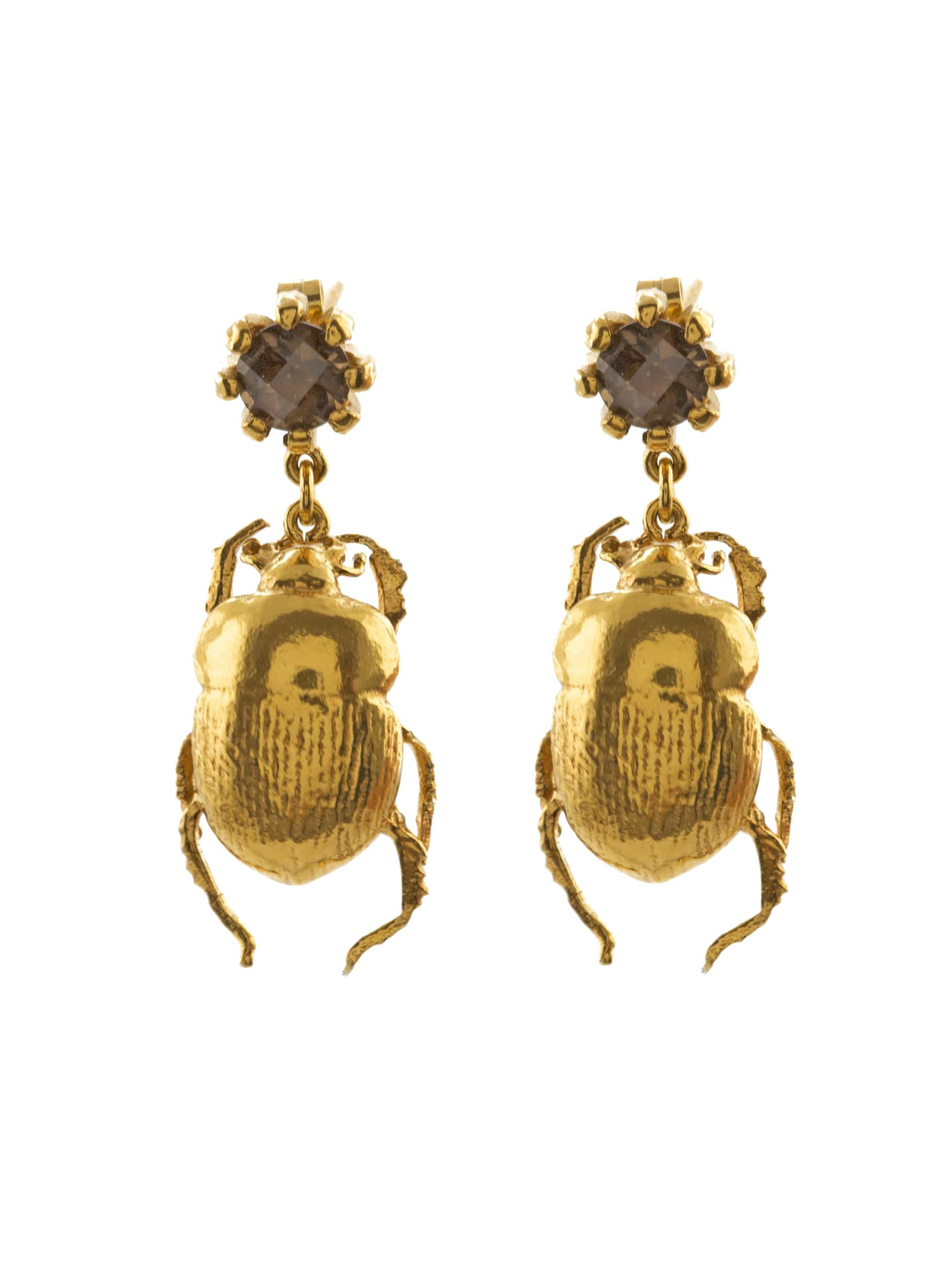 Dor Beetle & Smoky Quartz Drop Earrings - image 1 | gold plate