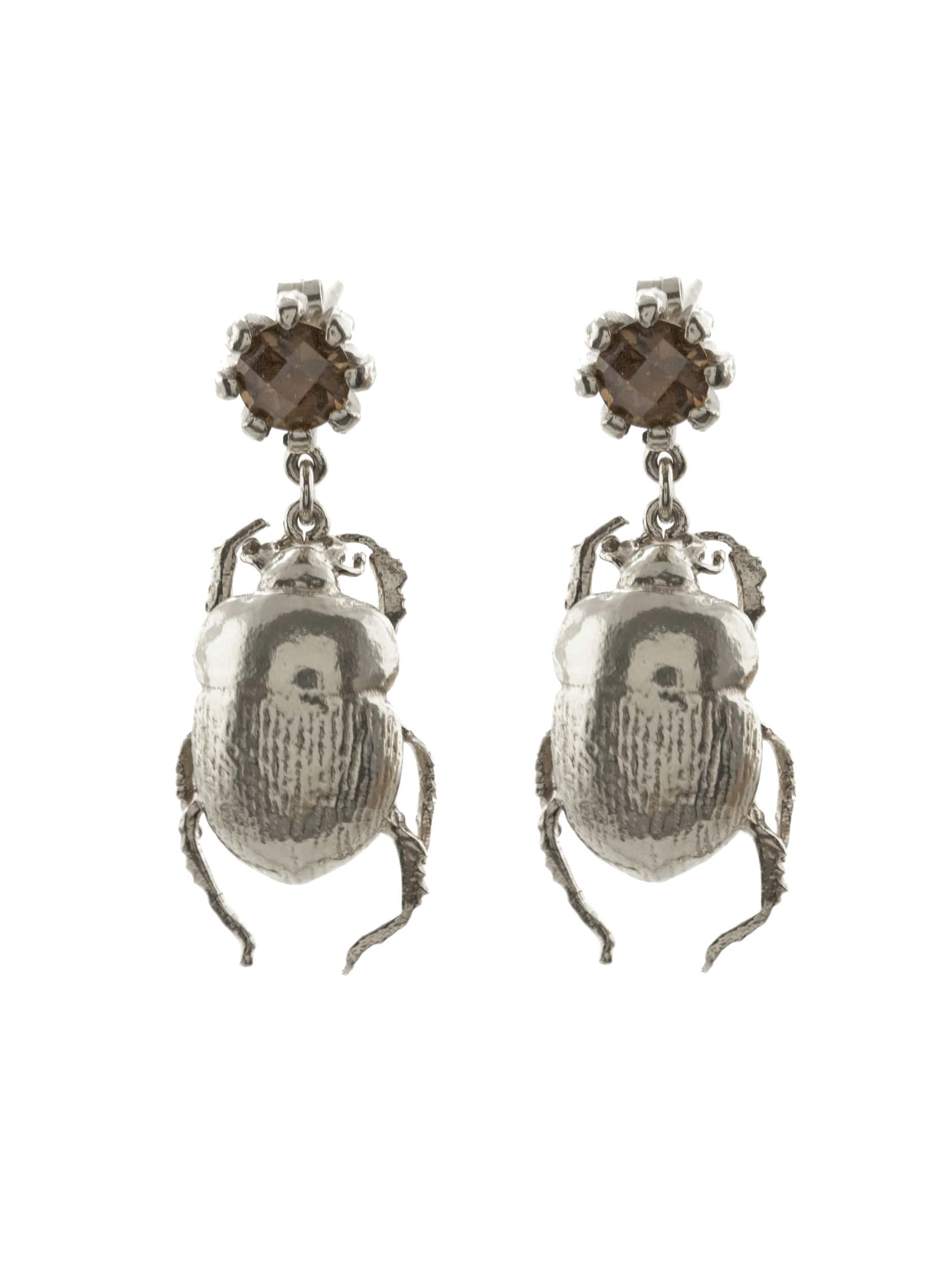 Dor Beetle & Smoky Quartz Drop Earrings - image 5 | silver